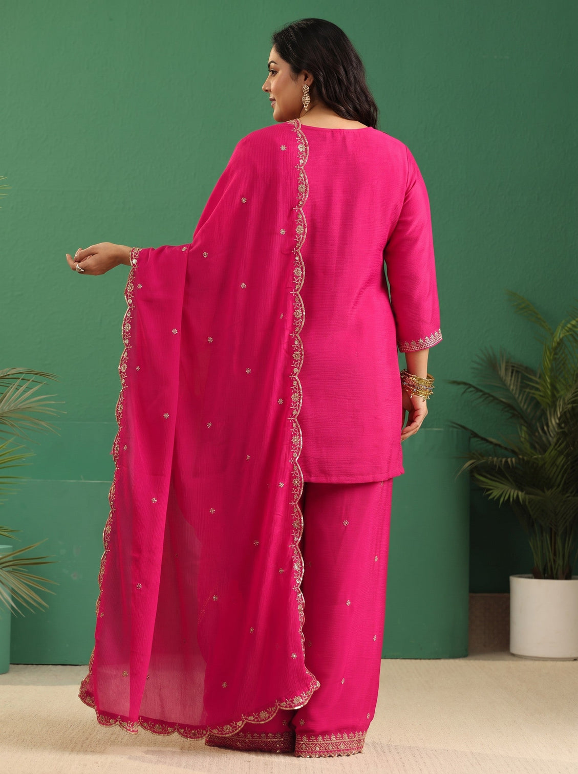 Plus Size Fuchsia Pink Floral Embellished Chinon Palazzo Suit Set