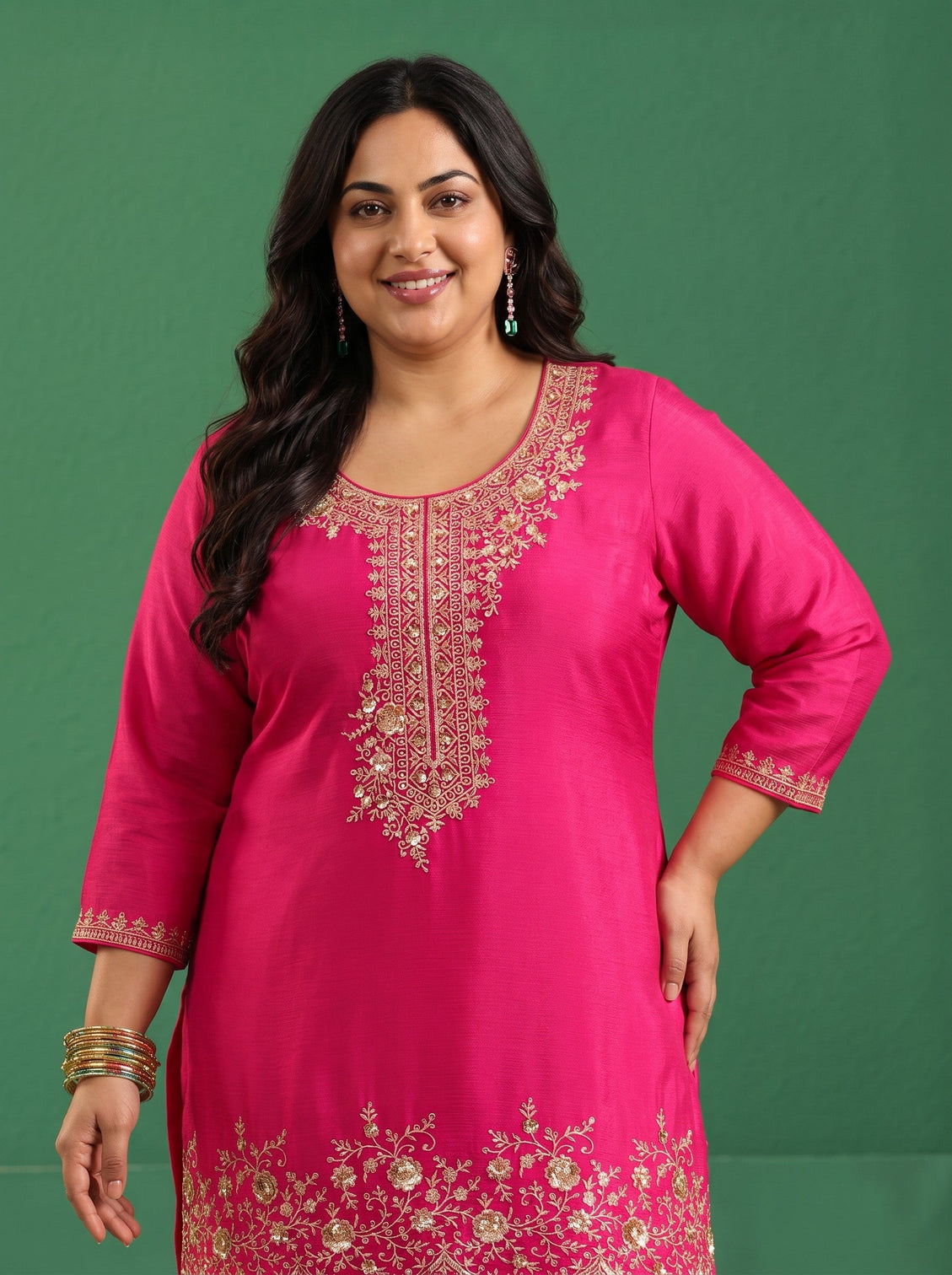 Plus Size Fuchsia Pink Floral Embellished Chinon Palazzo Suit Set