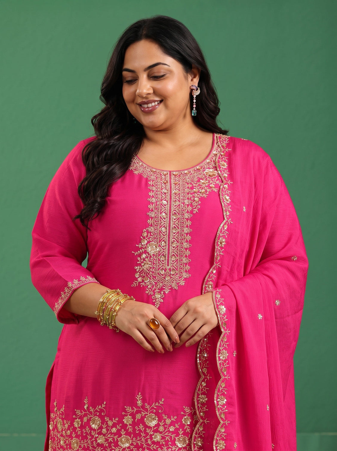Plus Size Fuchsia Pink Floral Embellished Chinon Palazzo Suit Set