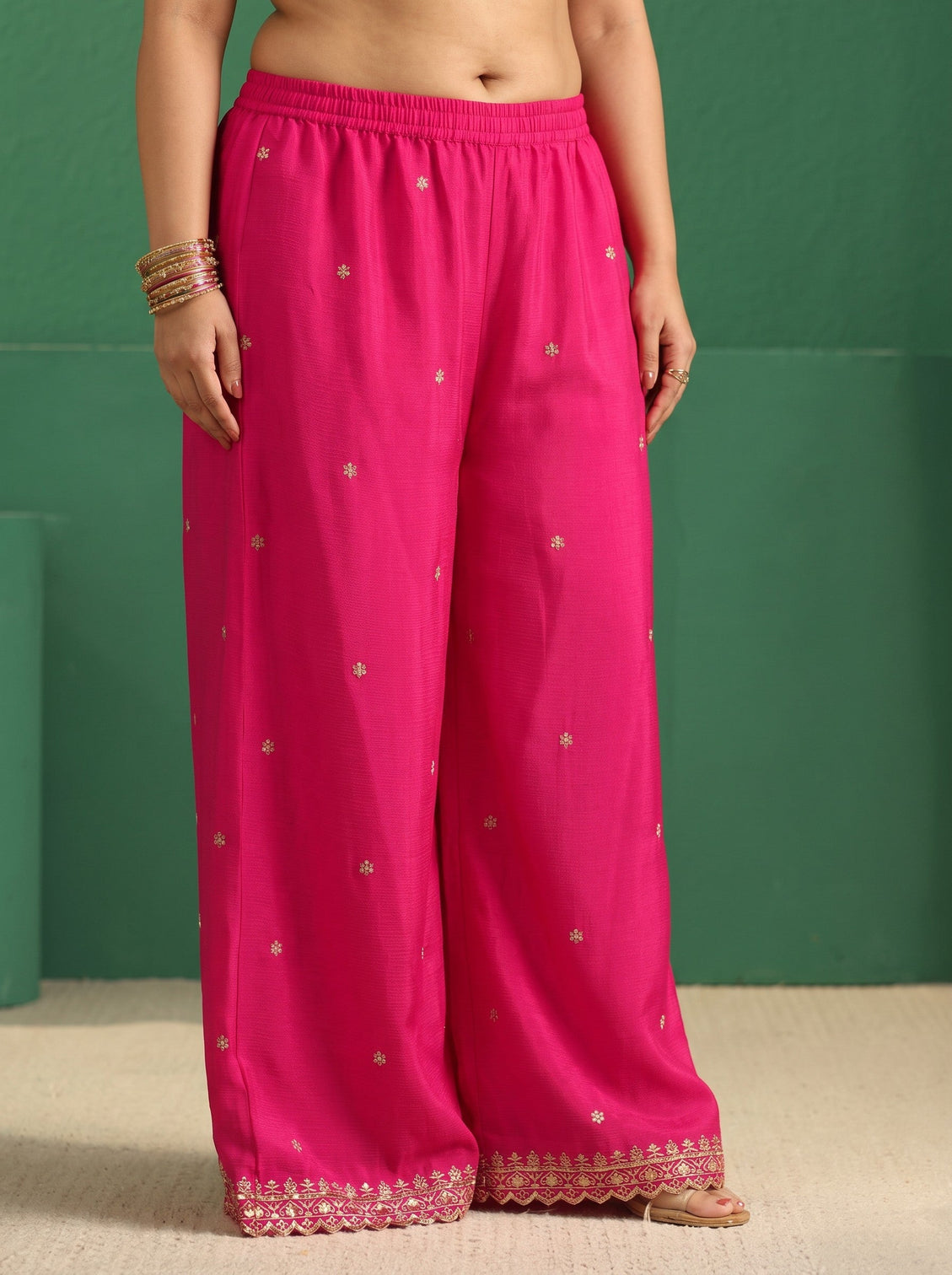 Plus Size Fuchsia Pink Floral Embellished Chinon Palazzo Suit Set
