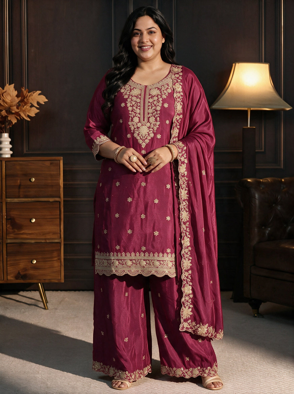 Plus Size Rani Pink Floral Embroidered Chinon Palazzo Suit Set