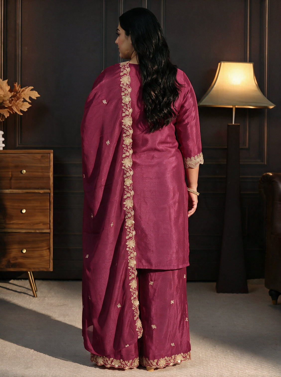 Plus Size Rani Pink Floral Embroidered Chinon Palazzo Suit Set