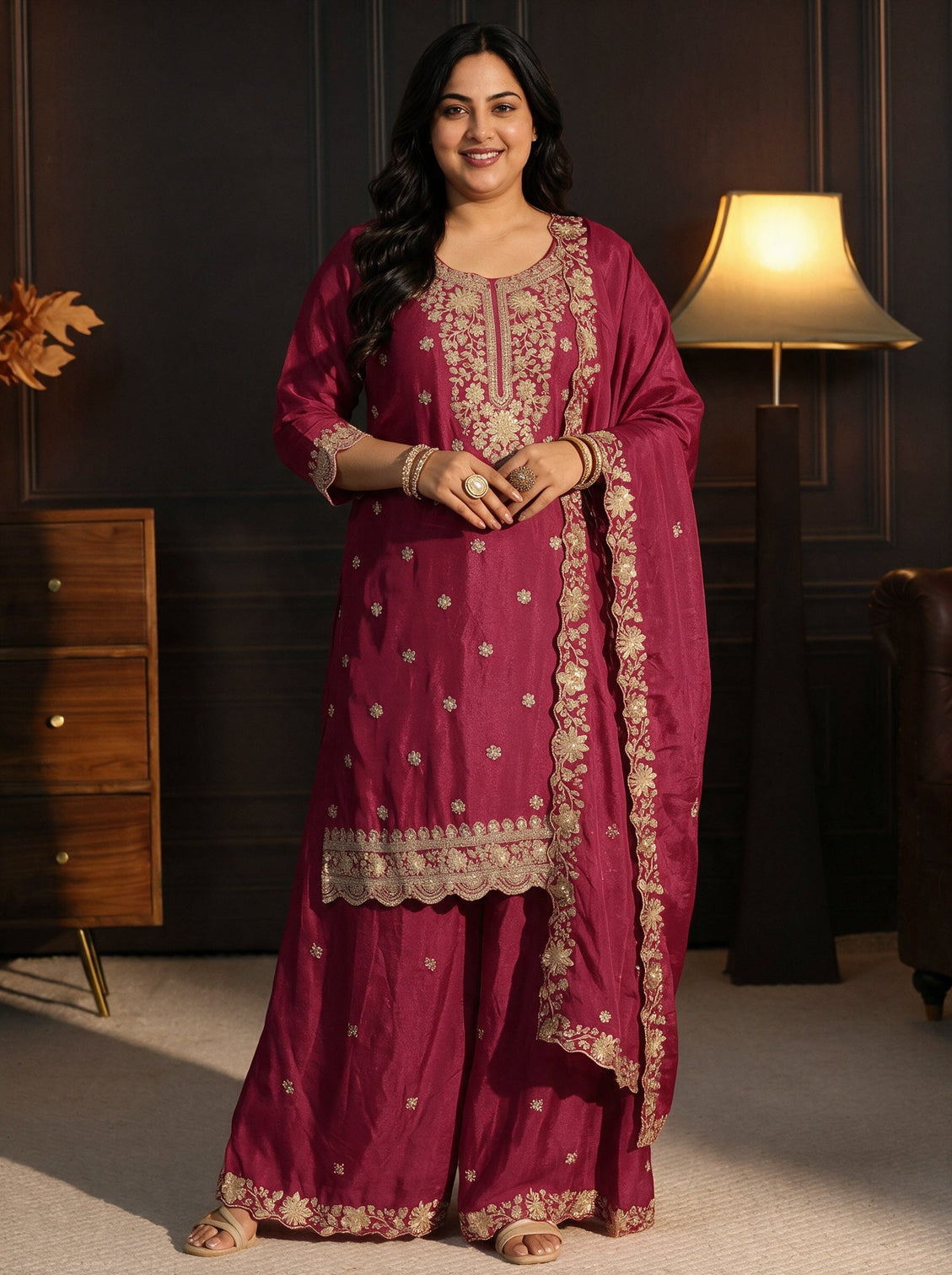 Plus Size Rani Pink Floral Embroidered Chinon Palazzo Suit Set