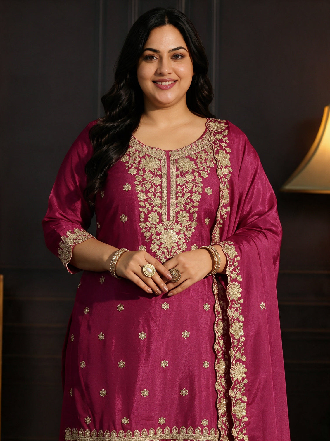 Plus Size Rani Pink Floral Embroidered Chinon Palazzo Suit Set