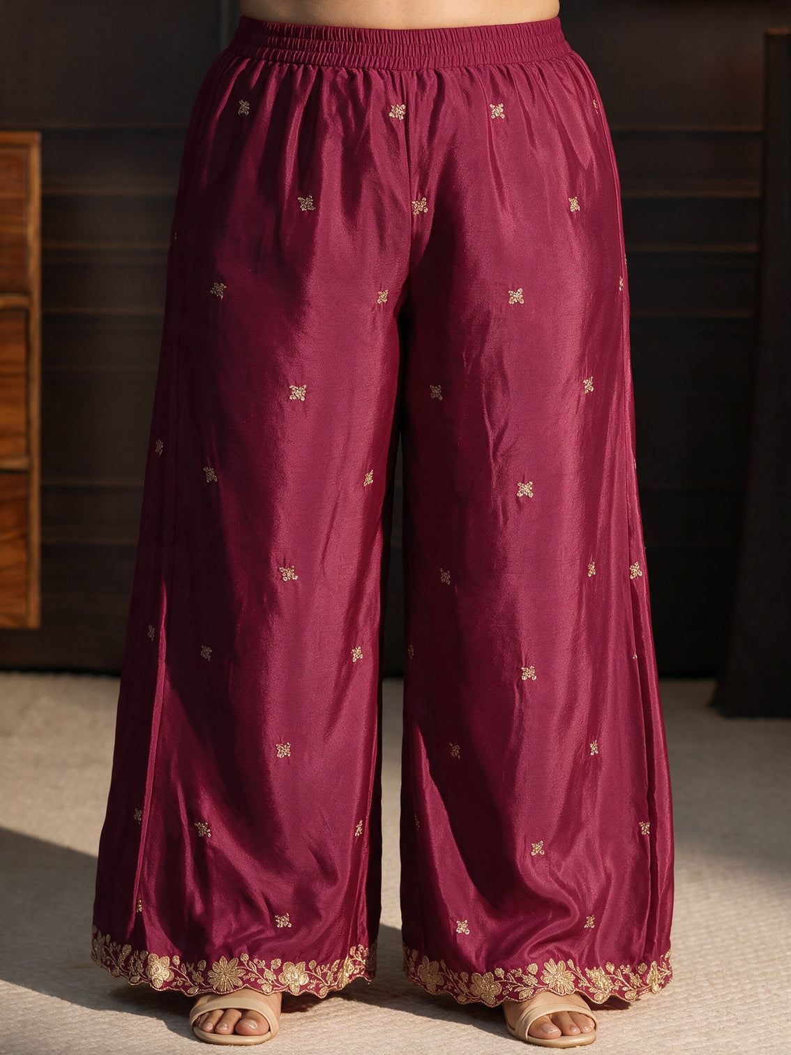 Plus Size Rani Pink Floral Embroidered Chinon Palazzo Suit Set