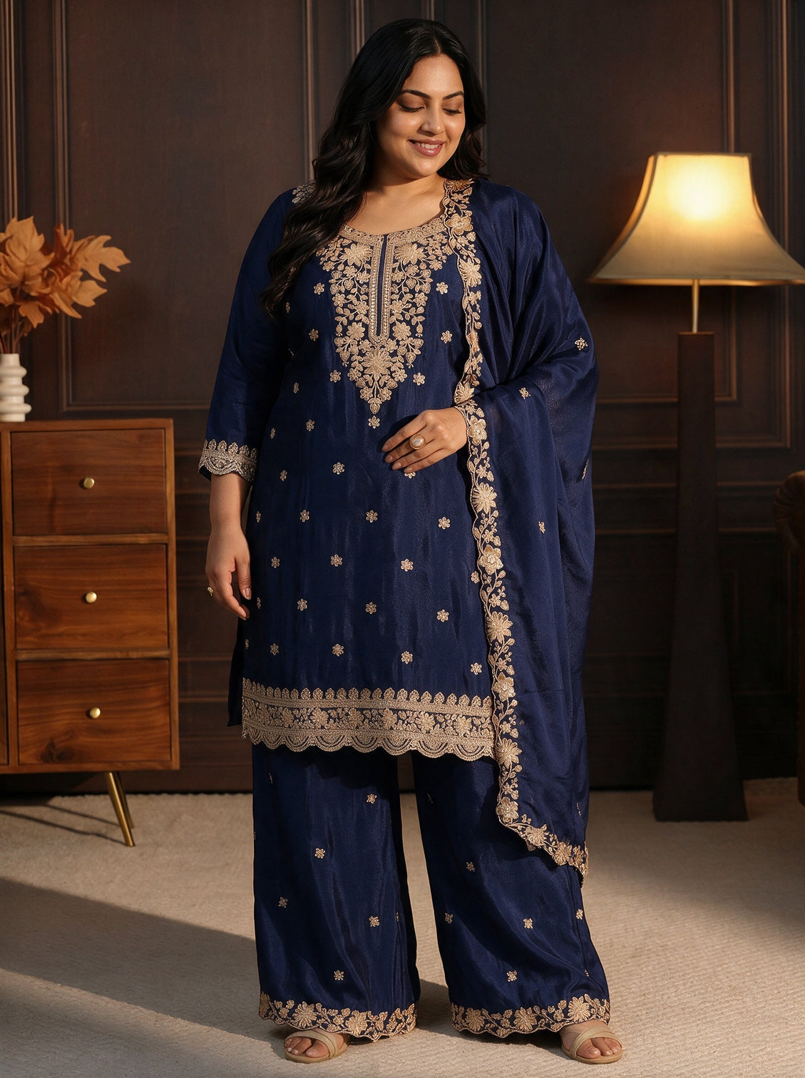 Plus Size Navy Blue Floral Embroidered Chinon Palazzo Suit Set