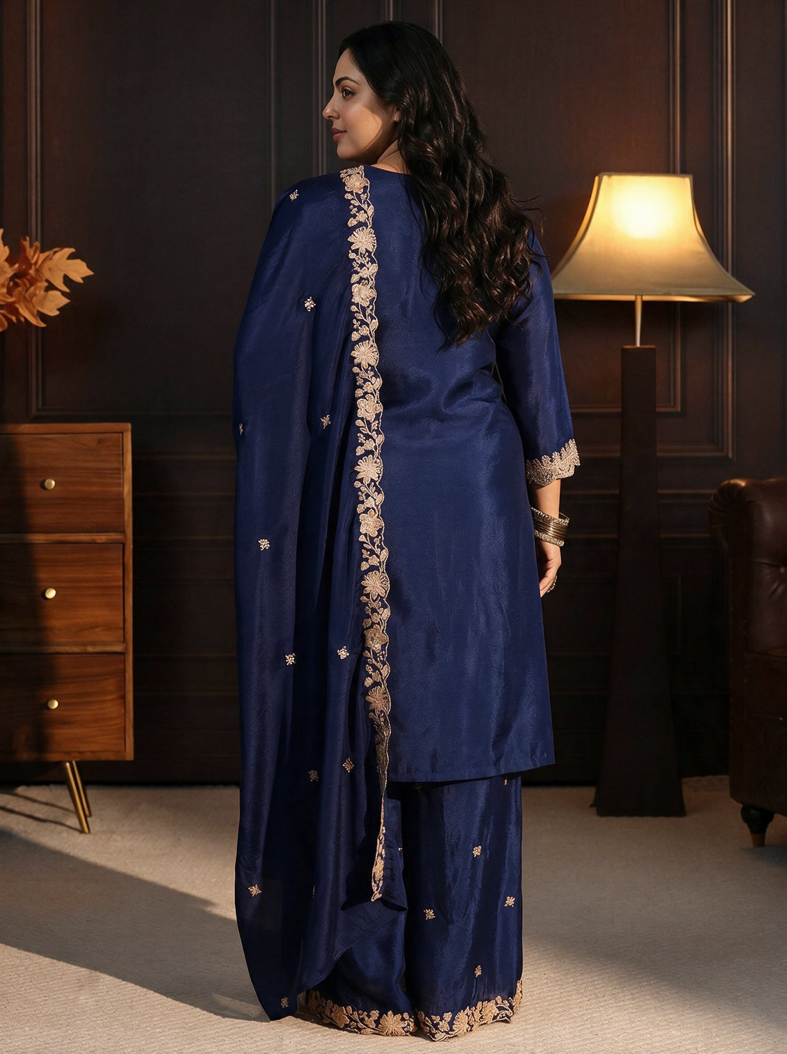 Plus Size Navy Blue Floral Embroidered Chinon Palazzo Suit Set