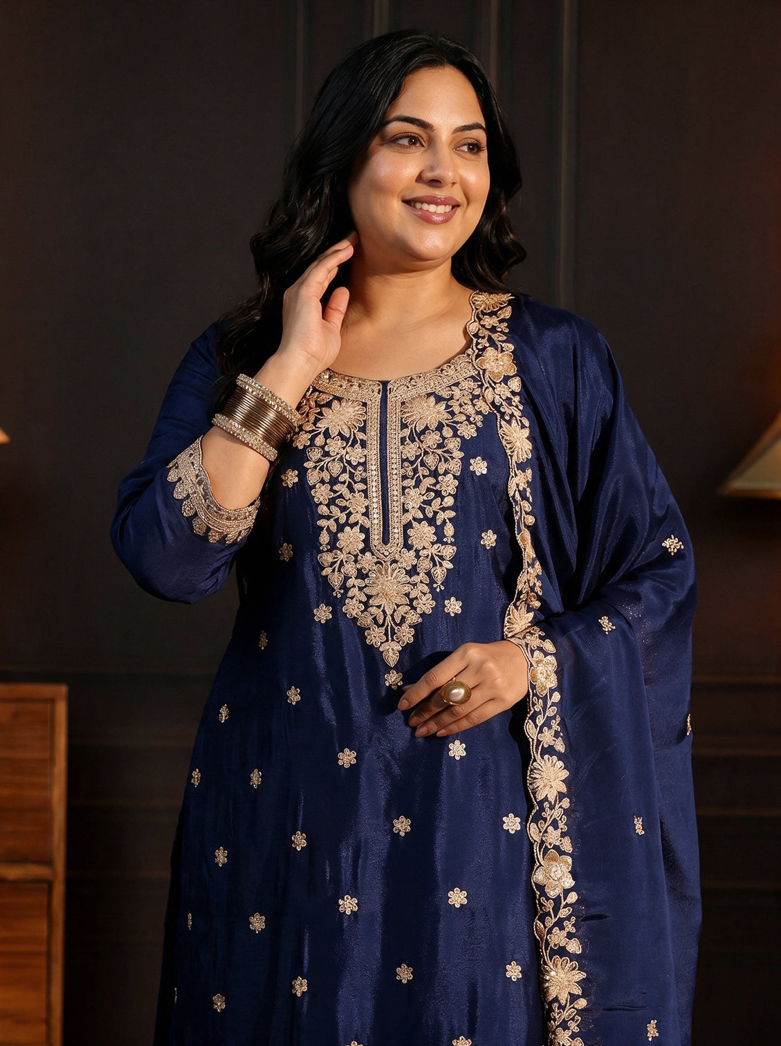 Plus Size Navy Blue Floral Embroidered Chinon Palazzo Suit Set