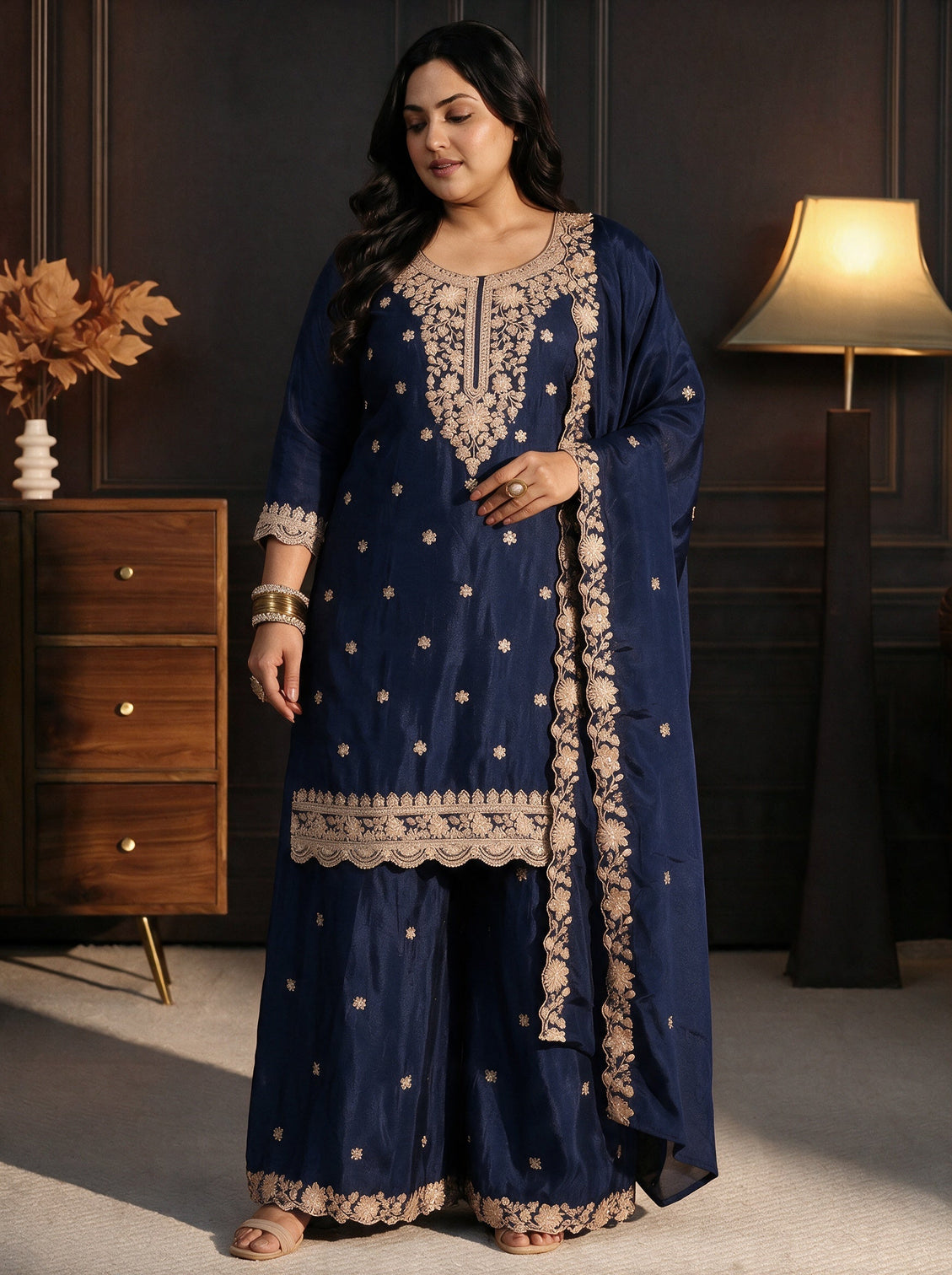 Plus Size Navy Blue Floral Embroidered Chinon Palazzo Suit Set