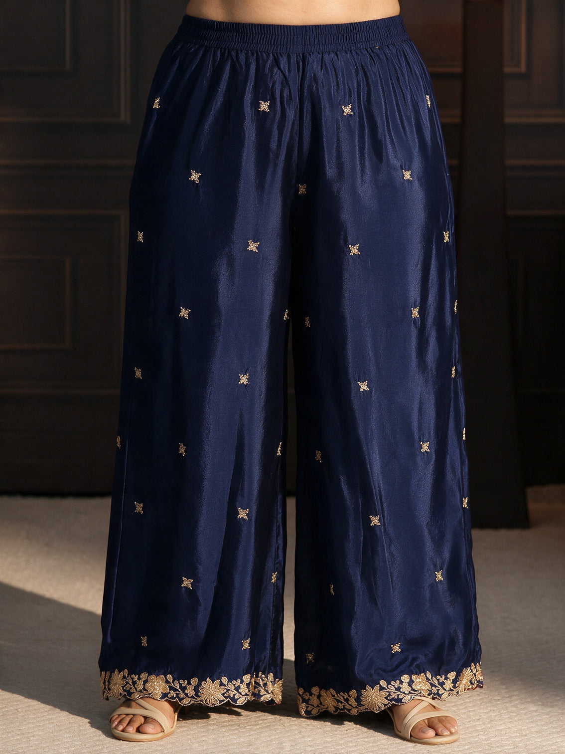 Plus Size Navy Blue Floral Embroidered Chinon Palazzo Suit Set