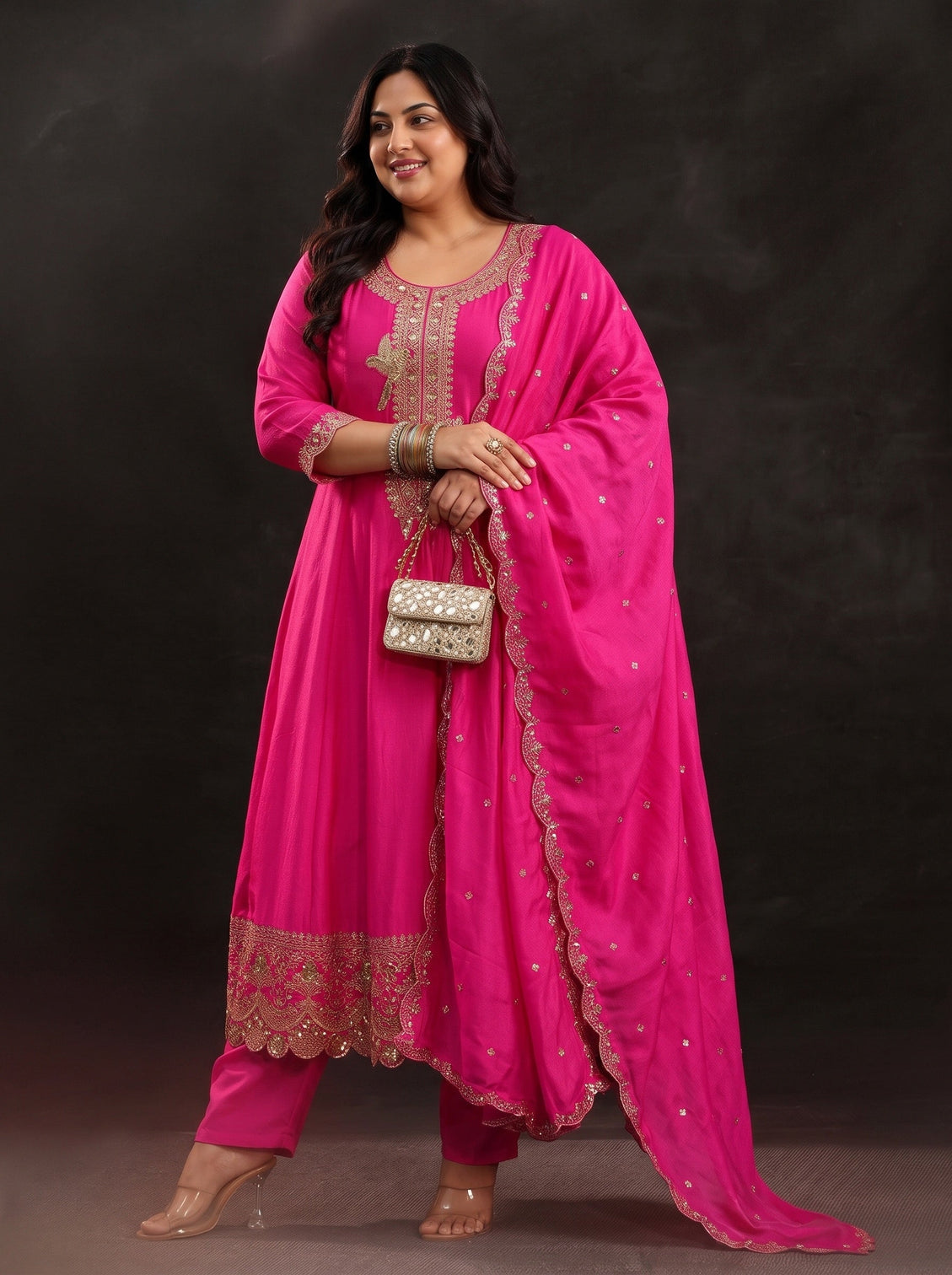 Plus Size Fuschia Pink Floral Embellished  Silk Blend Anarkali Suit Set