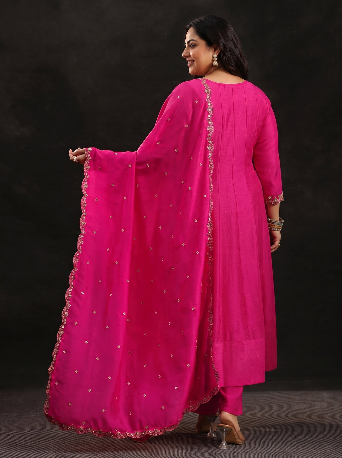 Plus Size Fuschia Pink Floral Embellished  Silk Blend Anarkali Suit Set