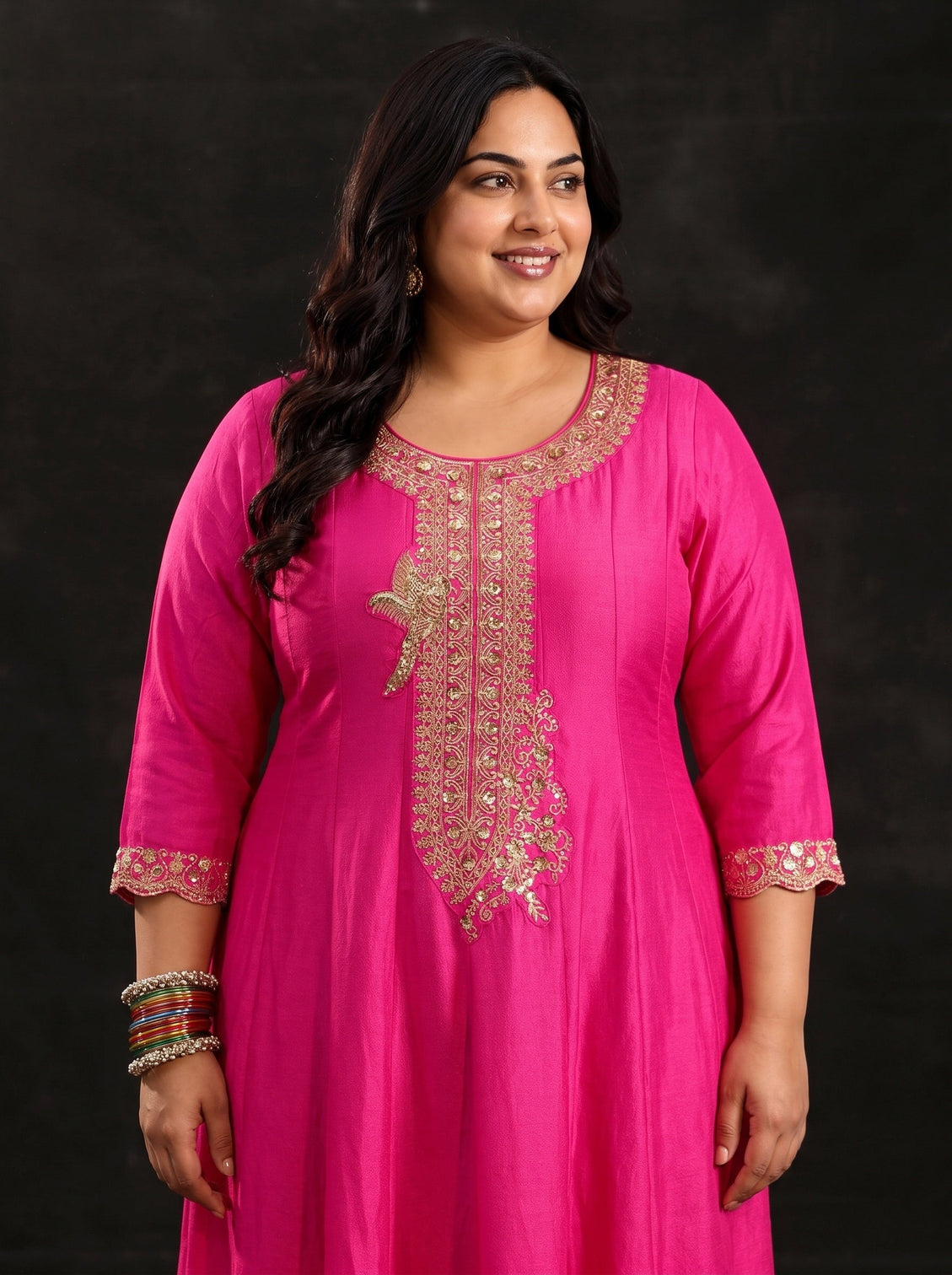 Plus Size Fuschia Pink Floral Embellished  Silk Blend Anarkali Suit Set