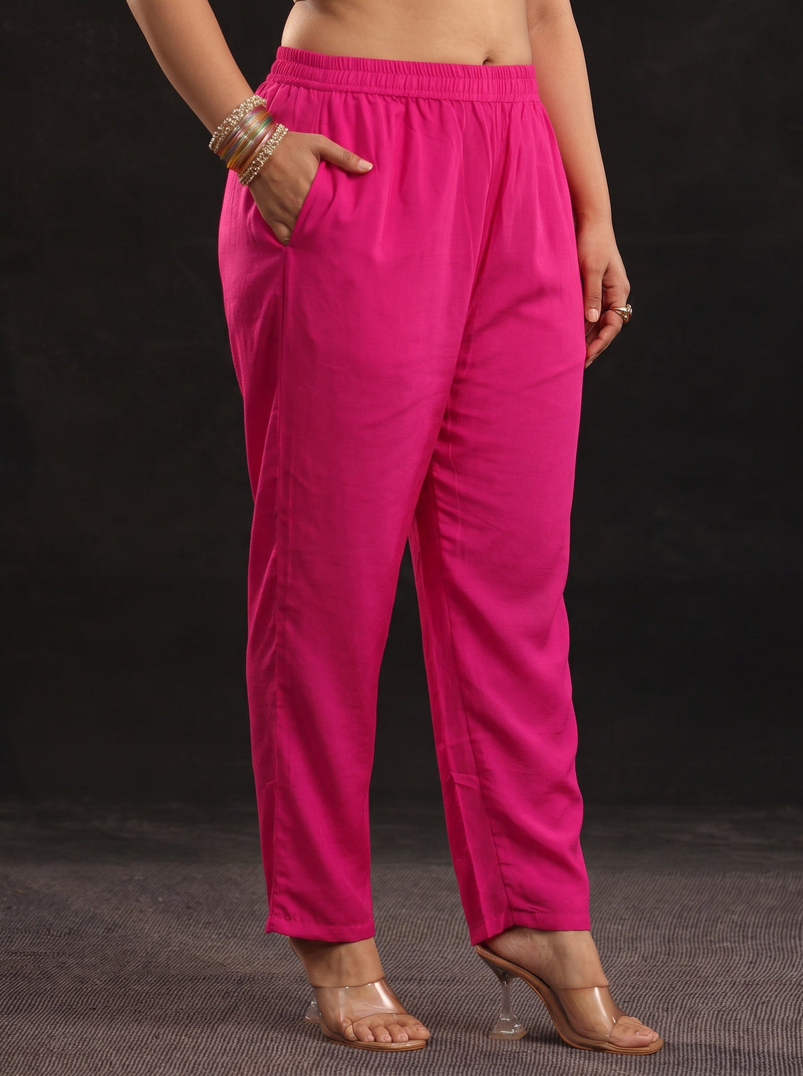 Plus Size Fuschia Pink Floral Embellished  Silk Blend Anarkali Suit Set