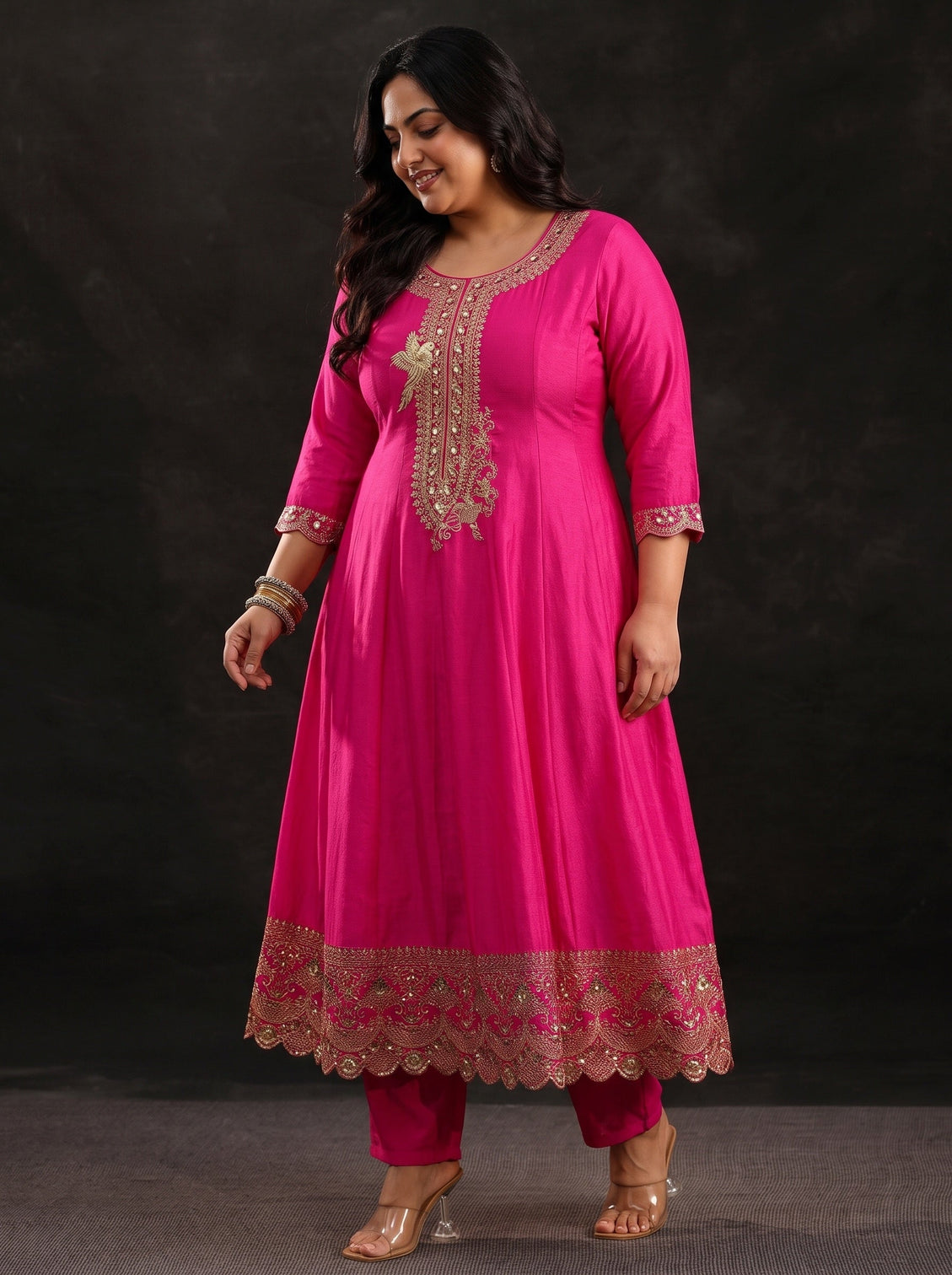 Plus Size Fuschia Pink Floral Embellished  Silk Blend Anarkali Suit Set