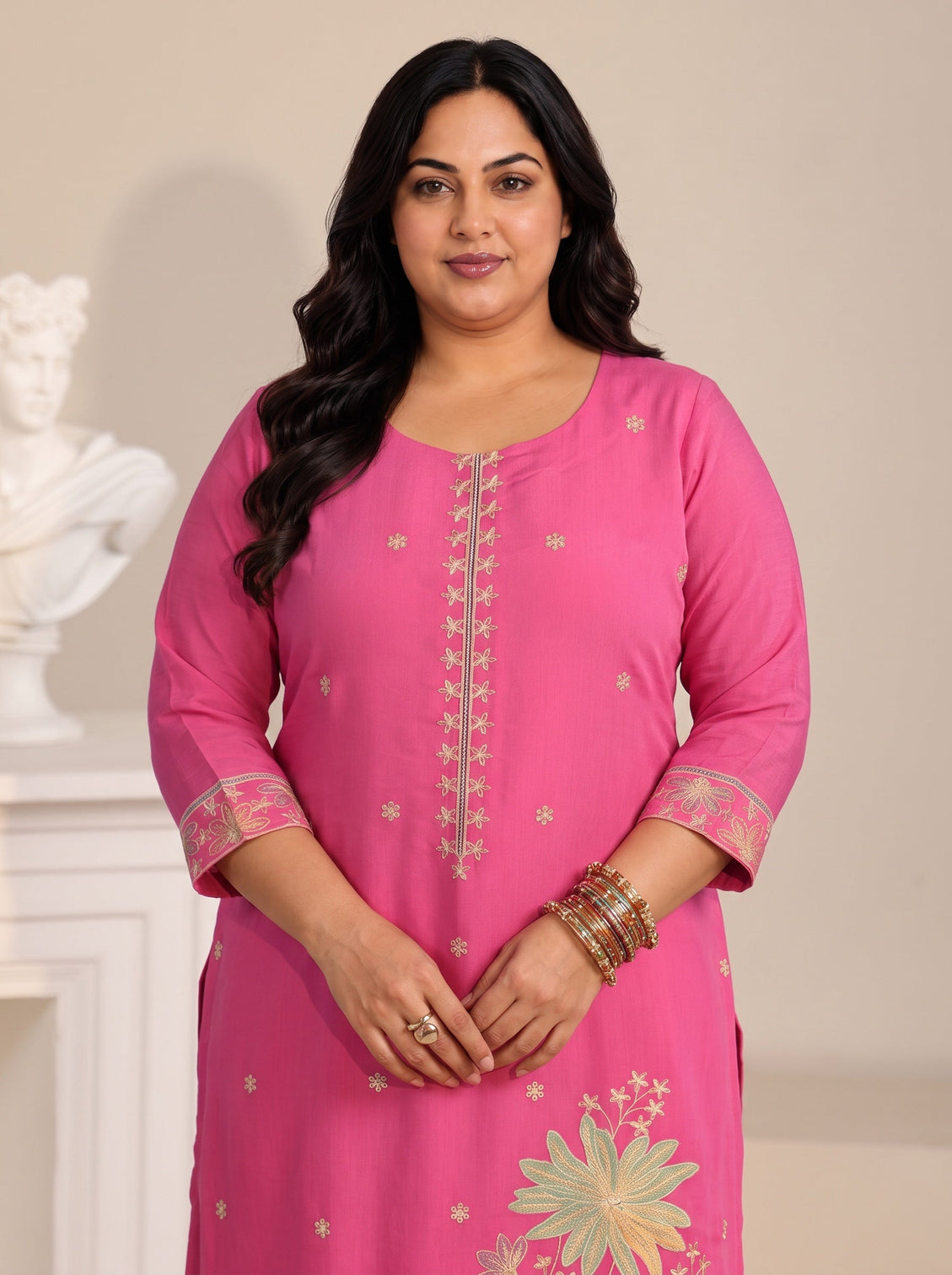 Plus Size Hot Pink Floral Embroidered Chanderi Silk Straight Suit Set