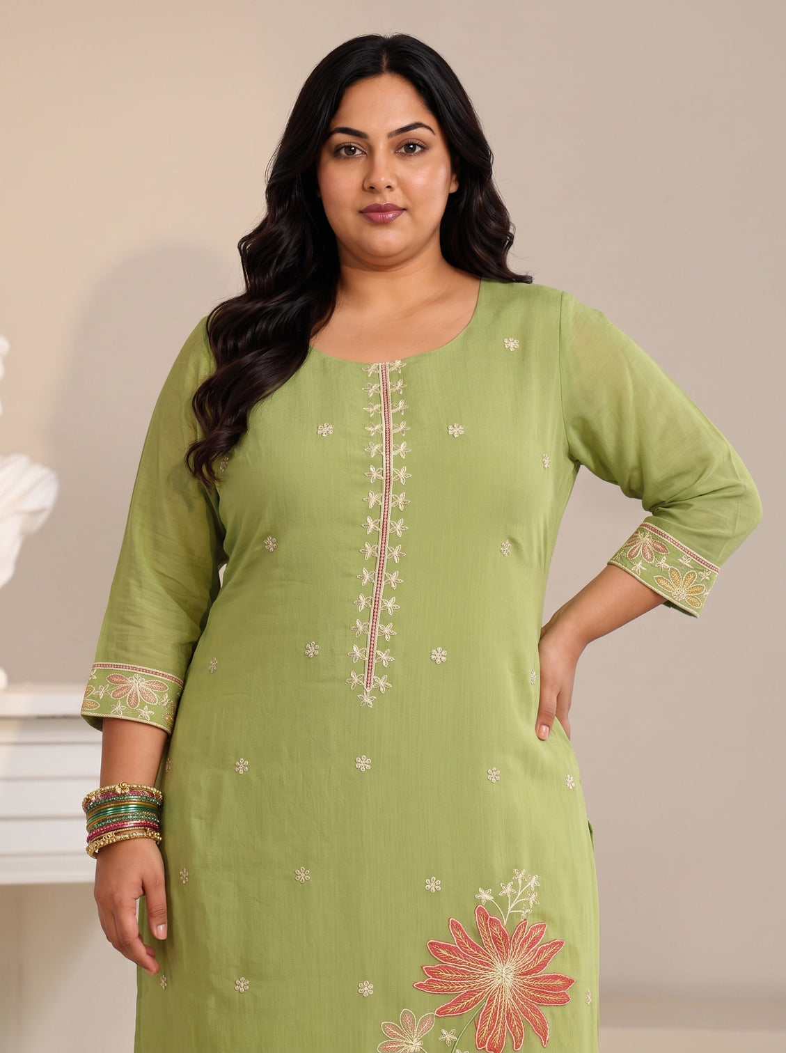 Plus Size Pista Green Floral Embroidered Chanderi Silk Straight Suit Set
