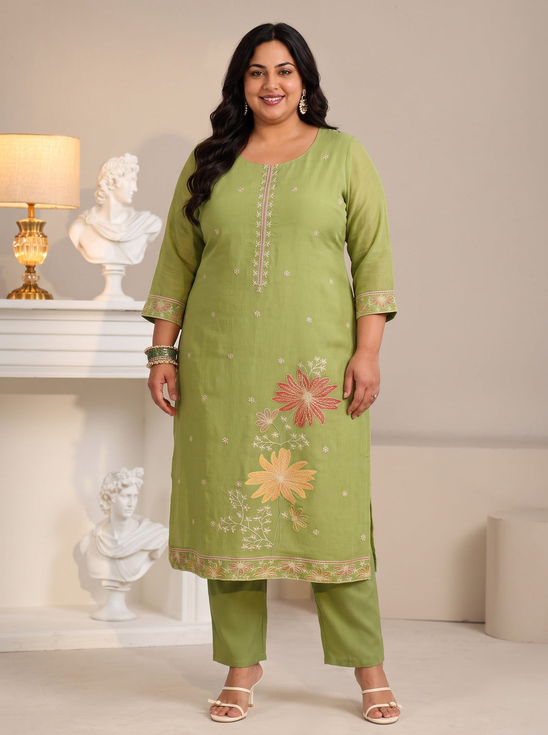Plus Size Pista Green Floral Embroidered Chanderi Silk Straight Suit Set