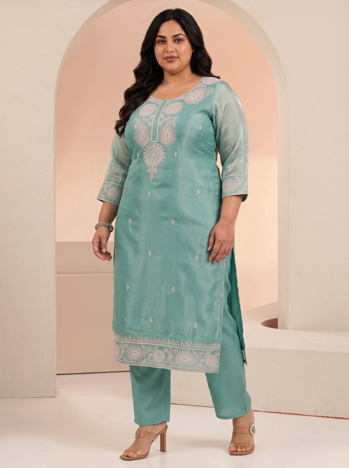 Plus Size Arctic Blue Embroidered Tissue Straight Suit Set
