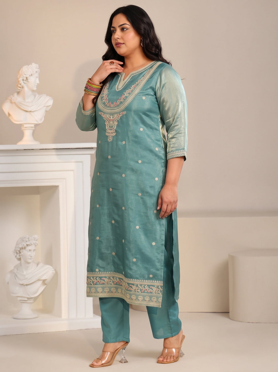 Plus Size Aqua Blue Ethnic Embroidered Tissue Straight  Suit Set