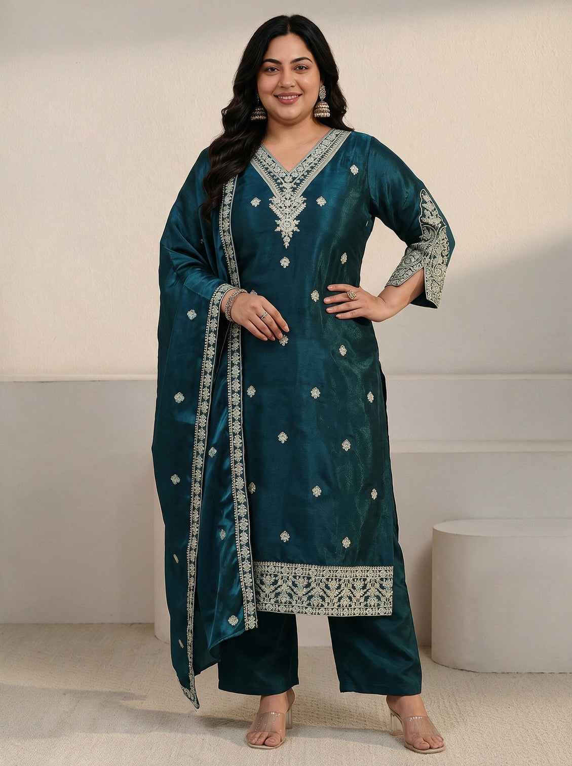 Plus Size Blue Floral Embroidered Tissue Straight Suit Set