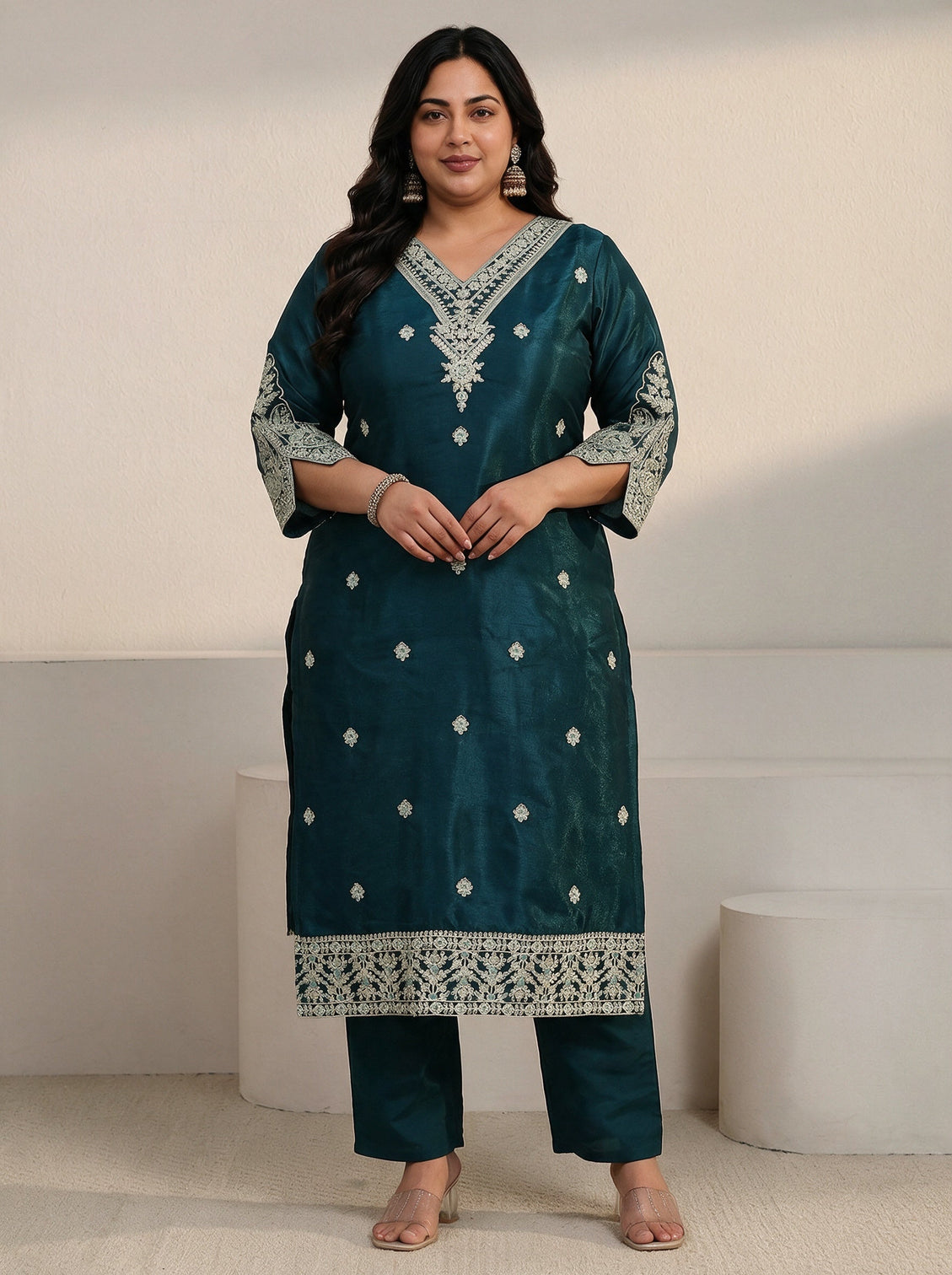 Plus Size Blue Floral Embroidered Tissue Straight Suit Set