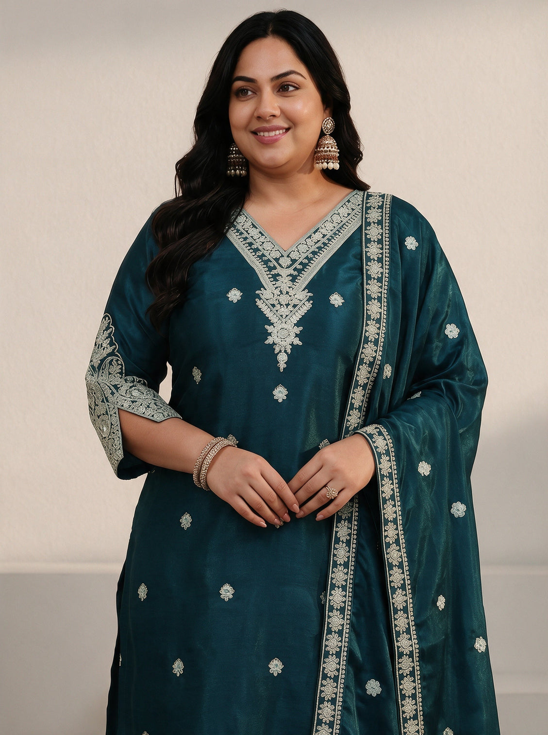 Plus Size Blue Floral Embroidered Tissue Straight Suit Set