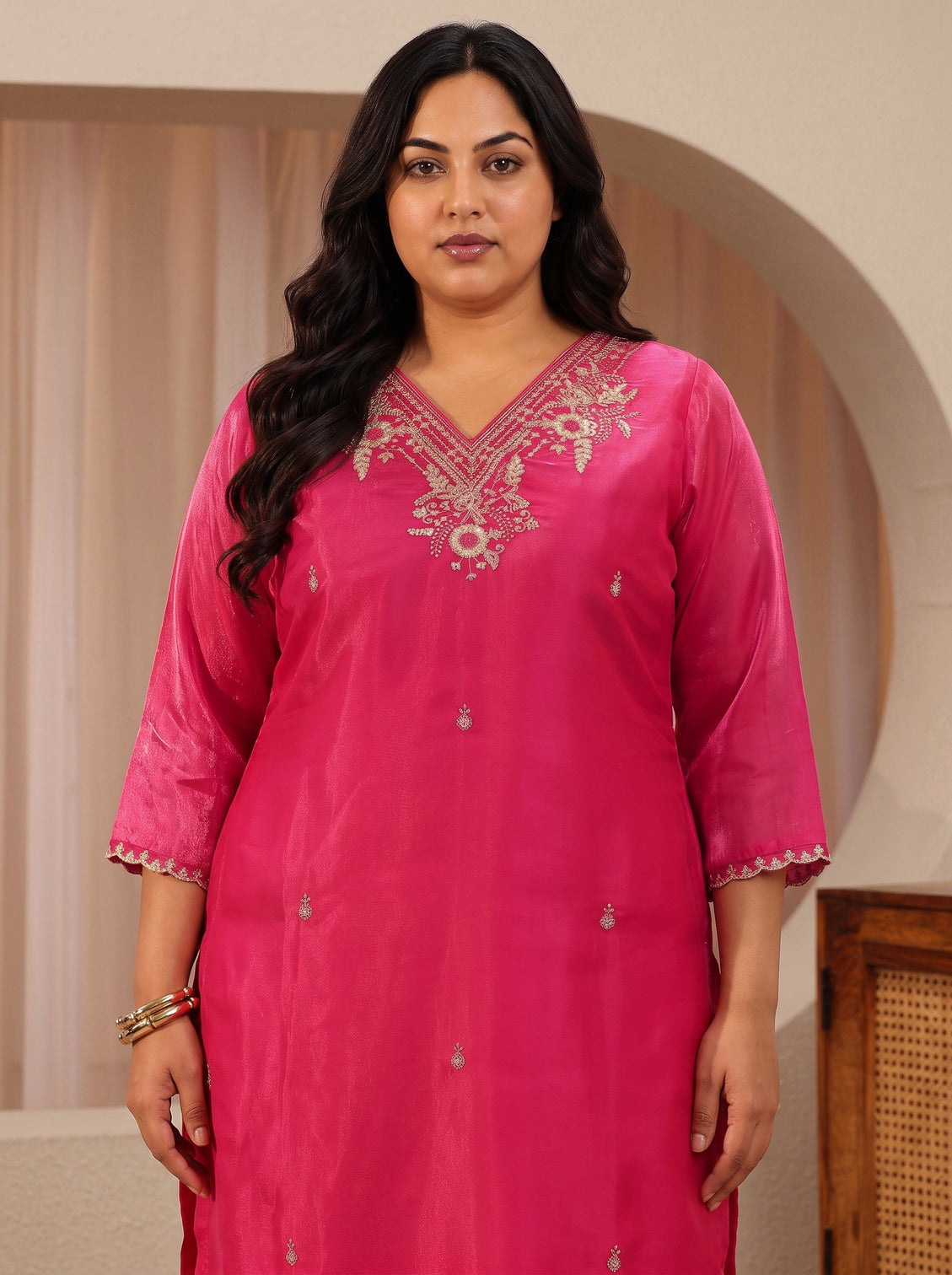 Plus Size Fuchsia Pink Floral Embroidered Tissue Straight Suit Set