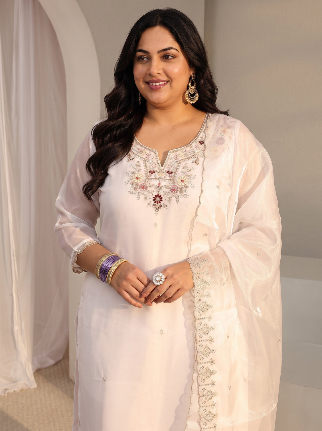Plus Size White Floral Embroidered Tissue Straight Suit Set With Dupatta