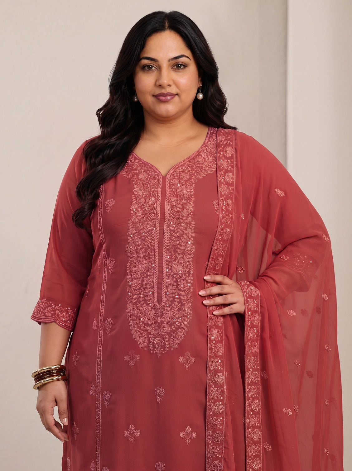 Plus Size Rust Red Floral Embroidered Georgette Straight Suit Set