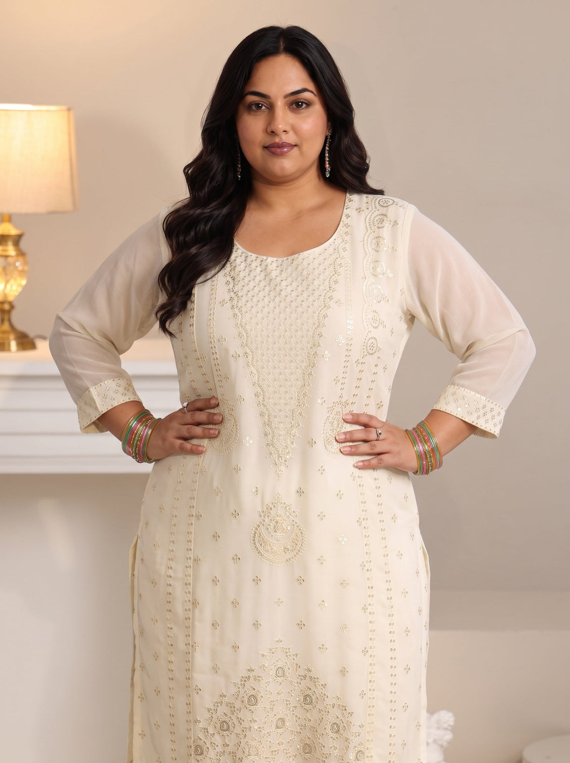 Plus Size Off White Embroidered Georgette Straight Suit Set