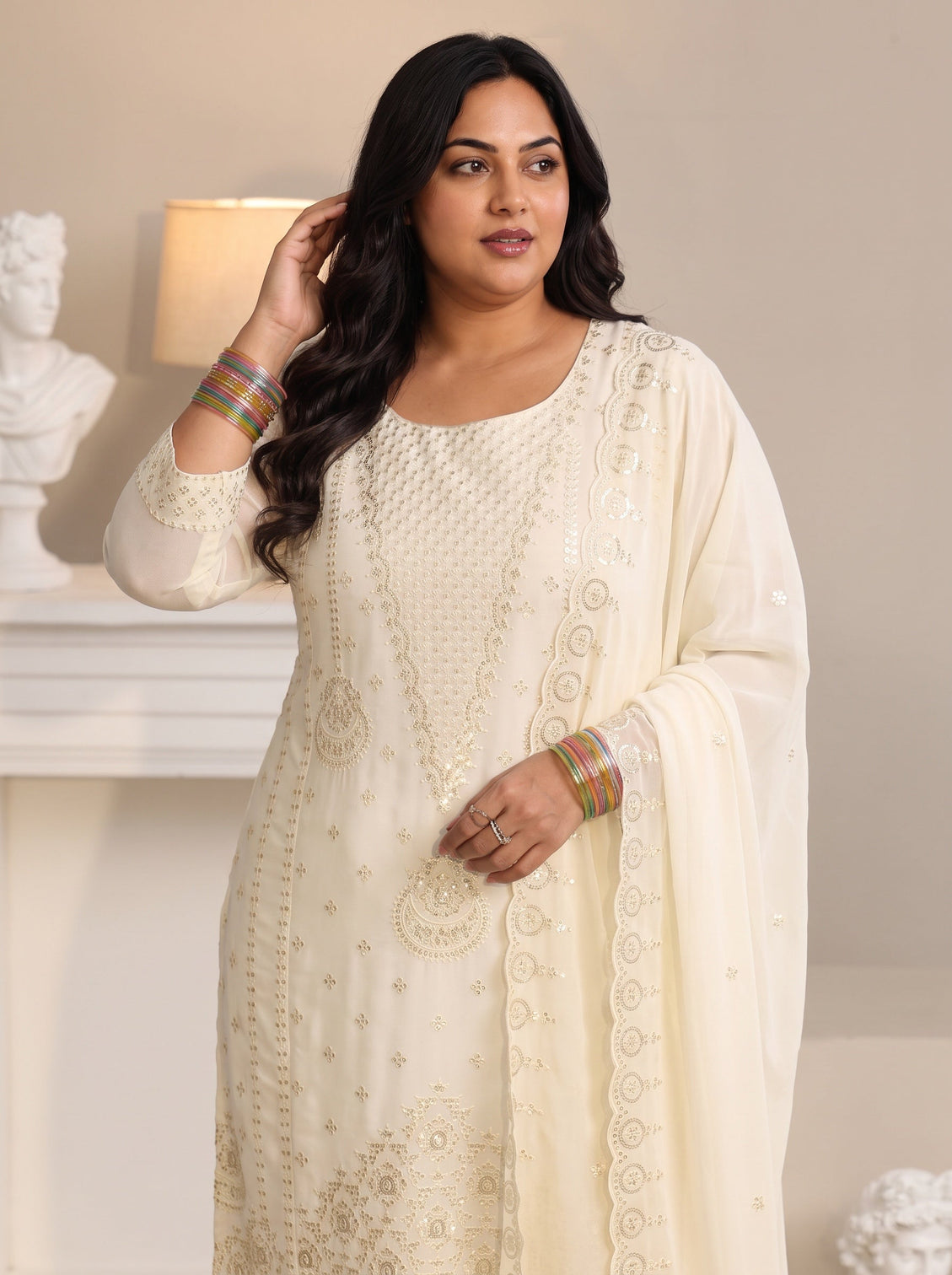 Plus Size Off White Embroidered Georgette Straight Suit Set