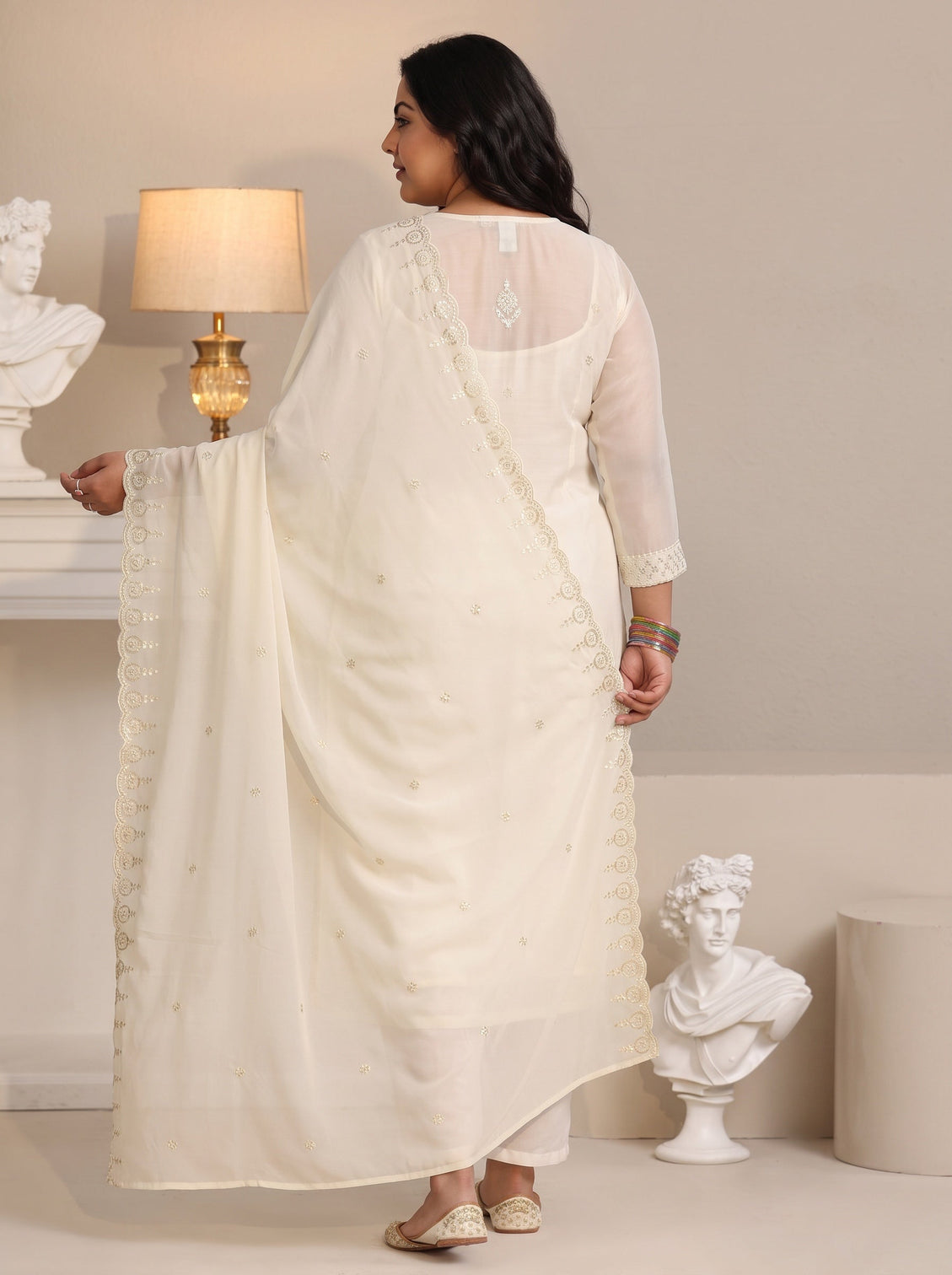 Plus Size Off White Embroidered Georgette Straight Suit Set