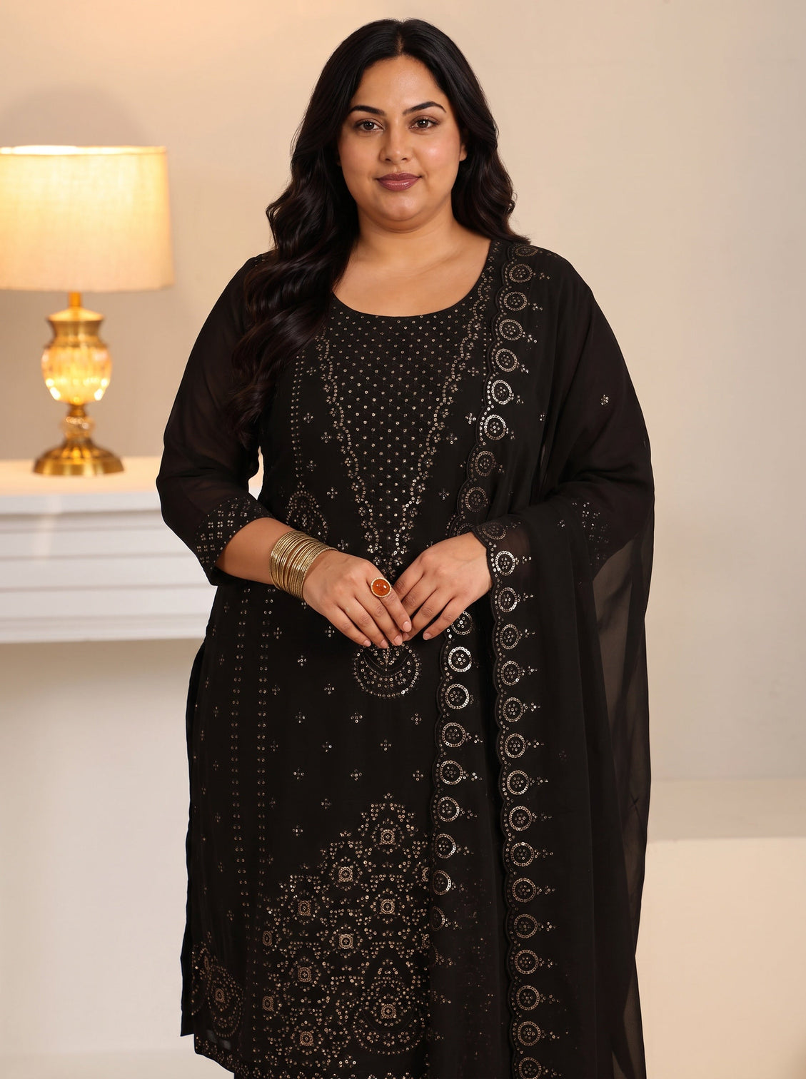 Plus Size Black Embroidered Georgette Straight Suit Set