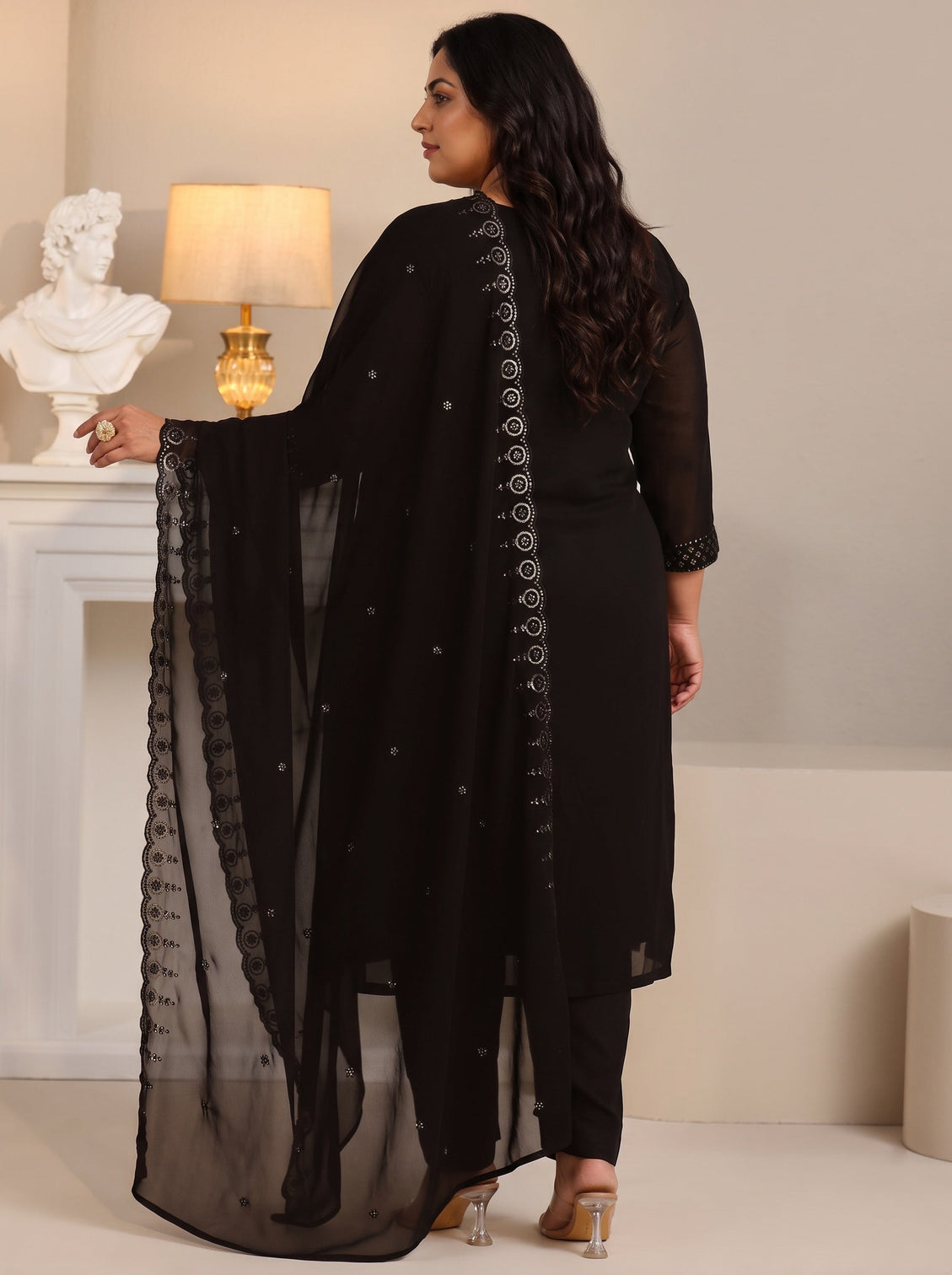 Plus Size Black Embroidered Georgette Straight Suit Set