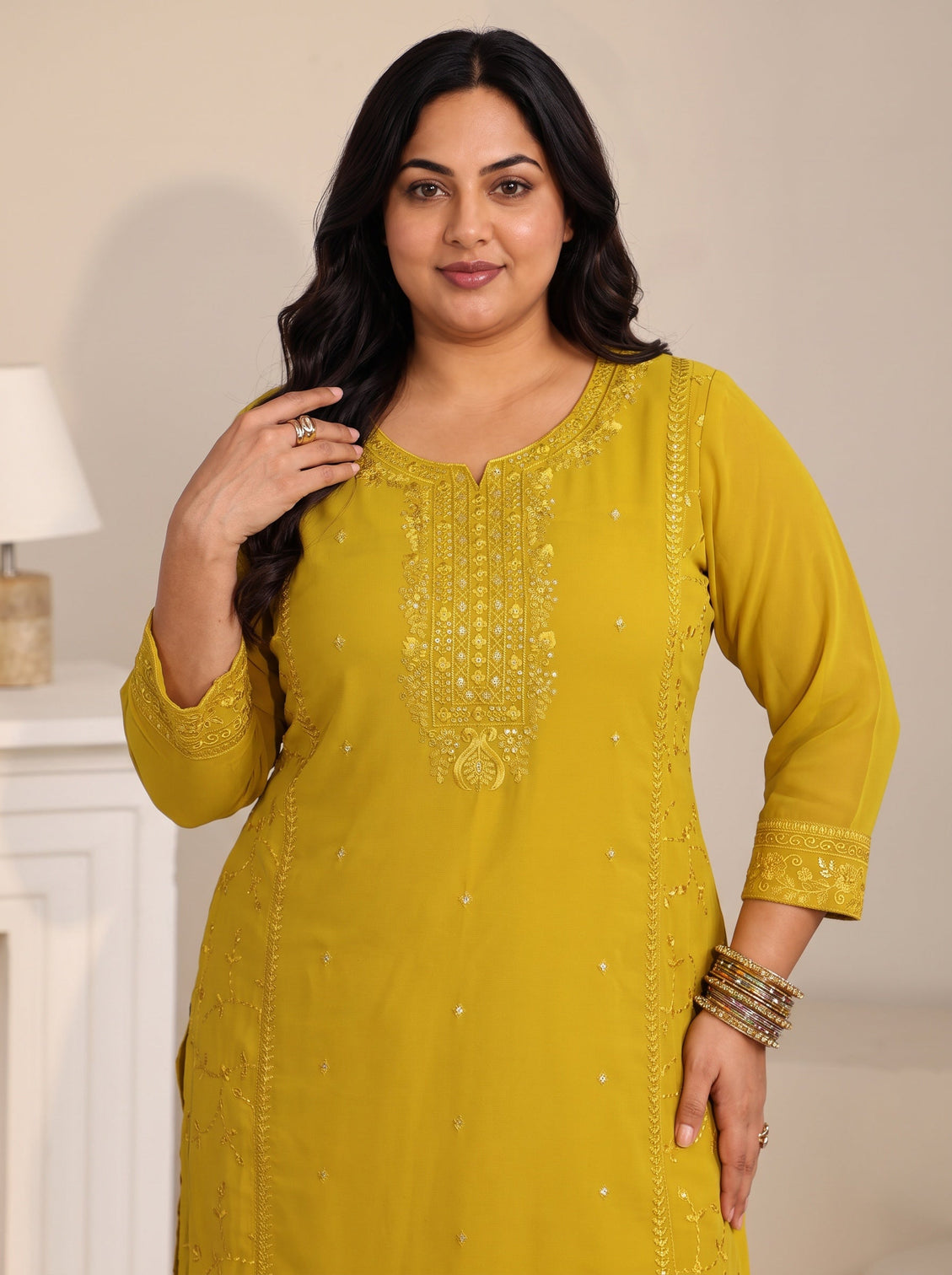 Plus Size Mustard Floral Embroidered Georgette Straight Suit Set
