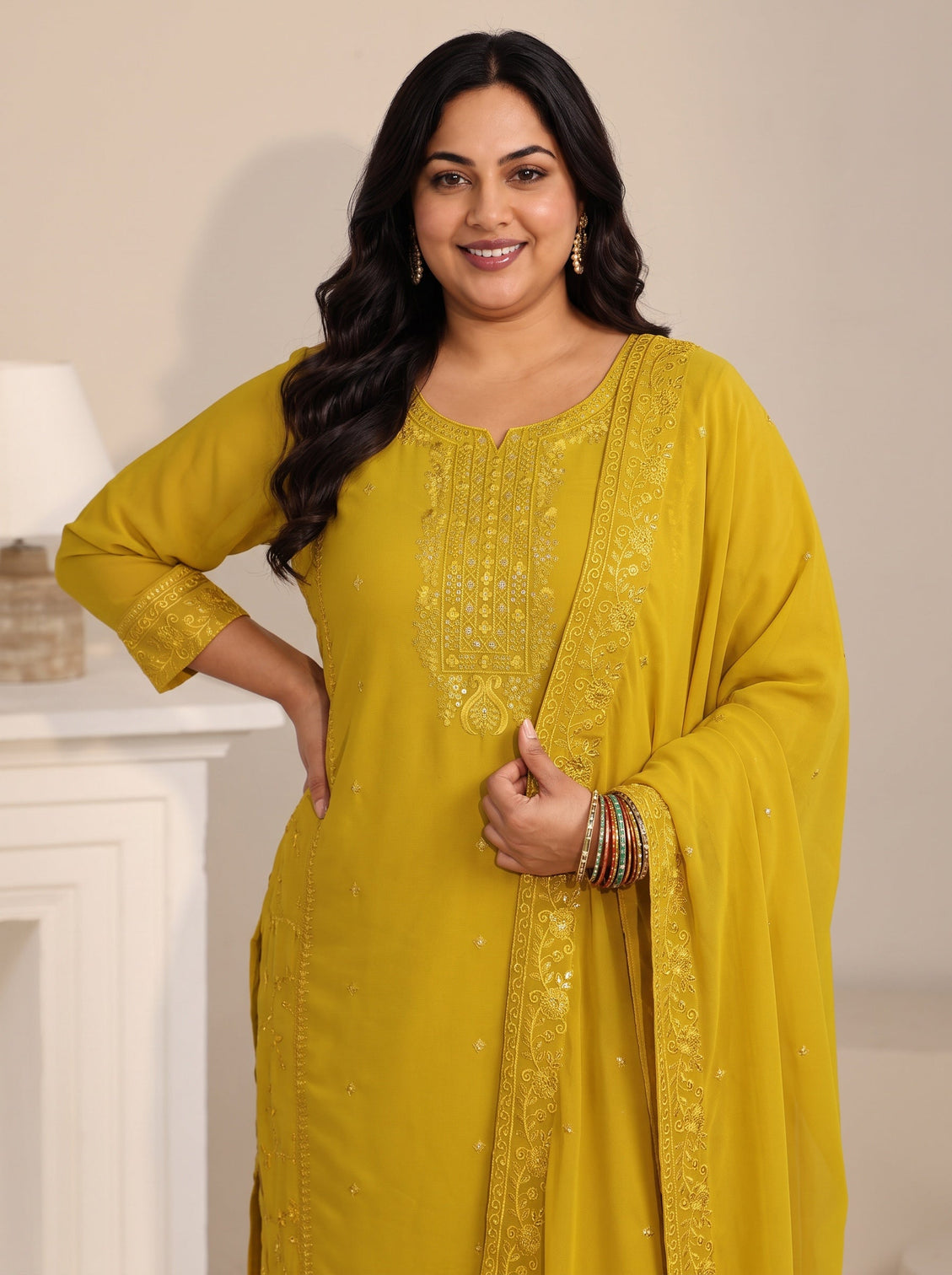 Plus Size Mustard Floral Embroidered Georgette Straight Suit Set