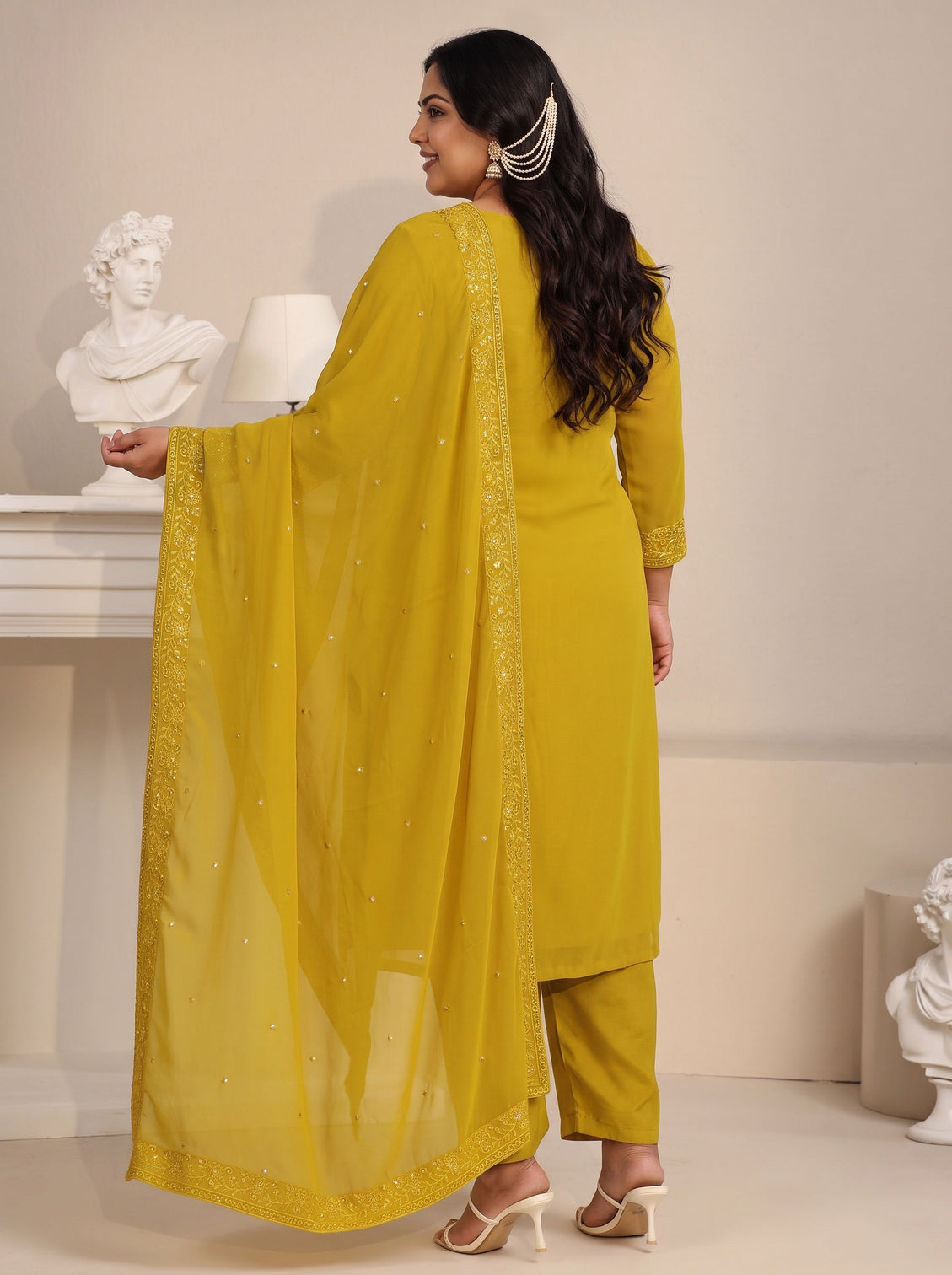 Plus Size Mustard Floral Embroidered Georgette Straight Suit Set