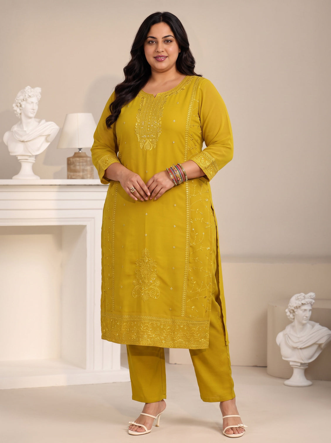 Plus Size Mustard Floral Embroidered Georgette Straight Suit Set