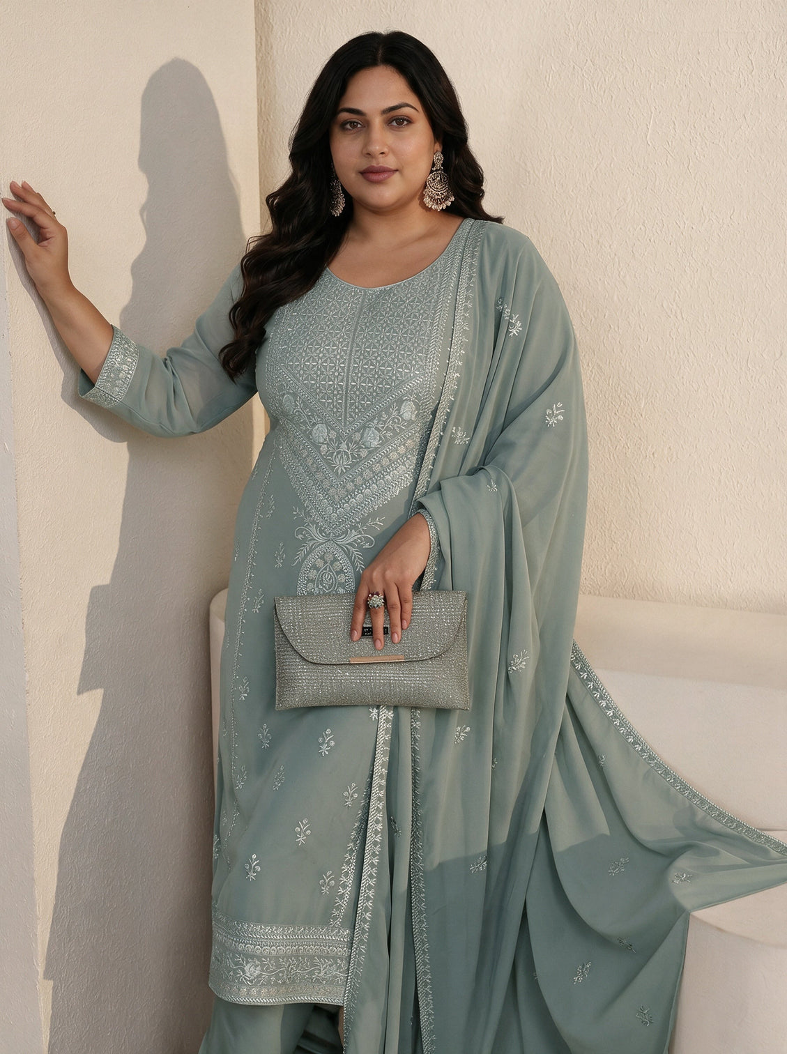 Plus Size Grey Floral Embroidered Georgette Straight Suit Set