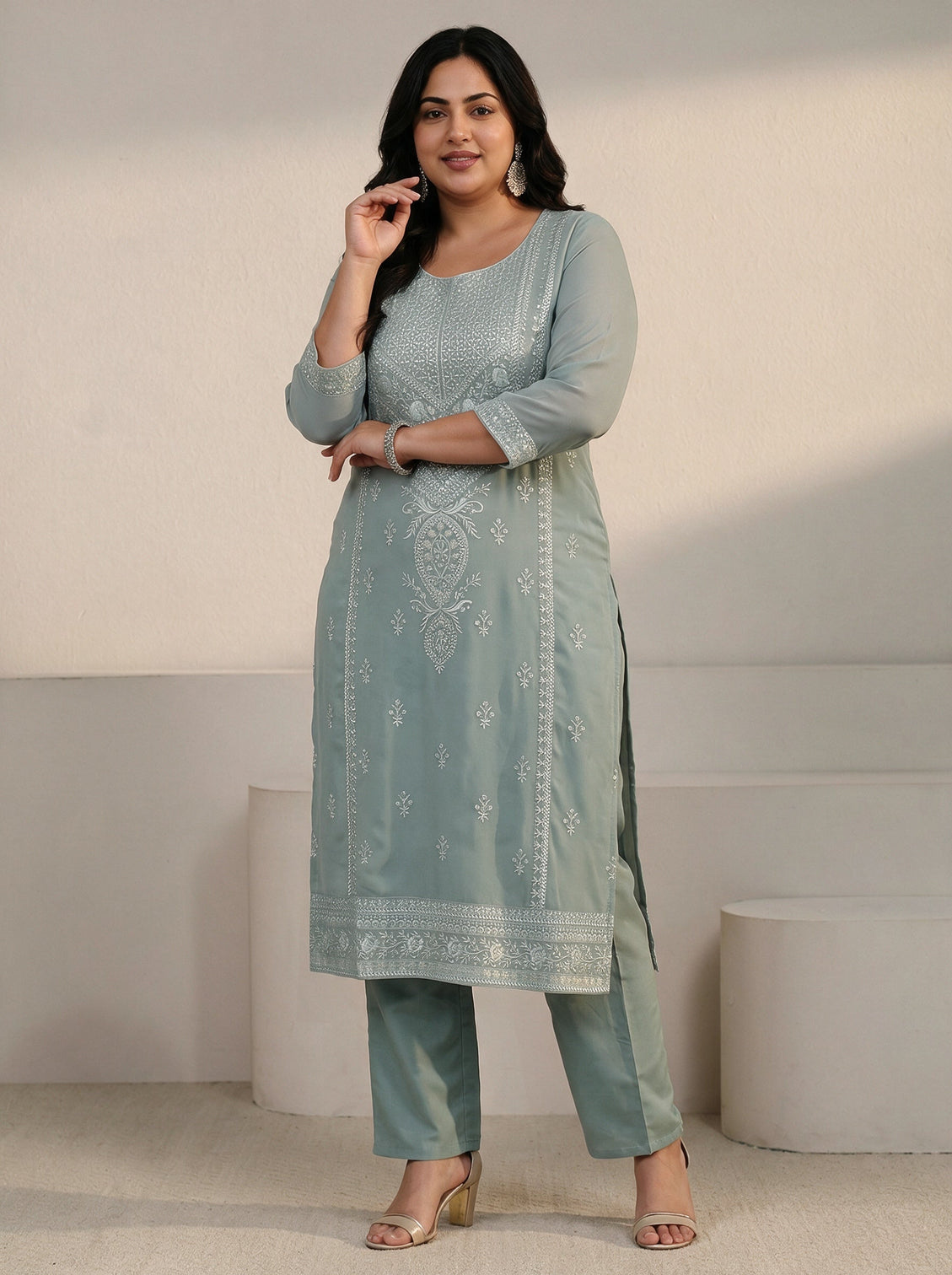 Plus Size Grey Floral Embroidered Georgette Straight Suit Set