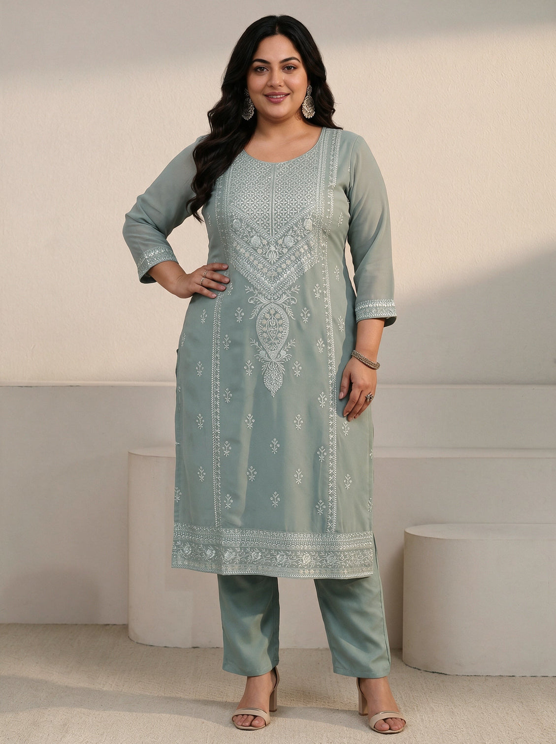 Plus Size Grey Floral Embroidered Georgette Straight Suit Set
