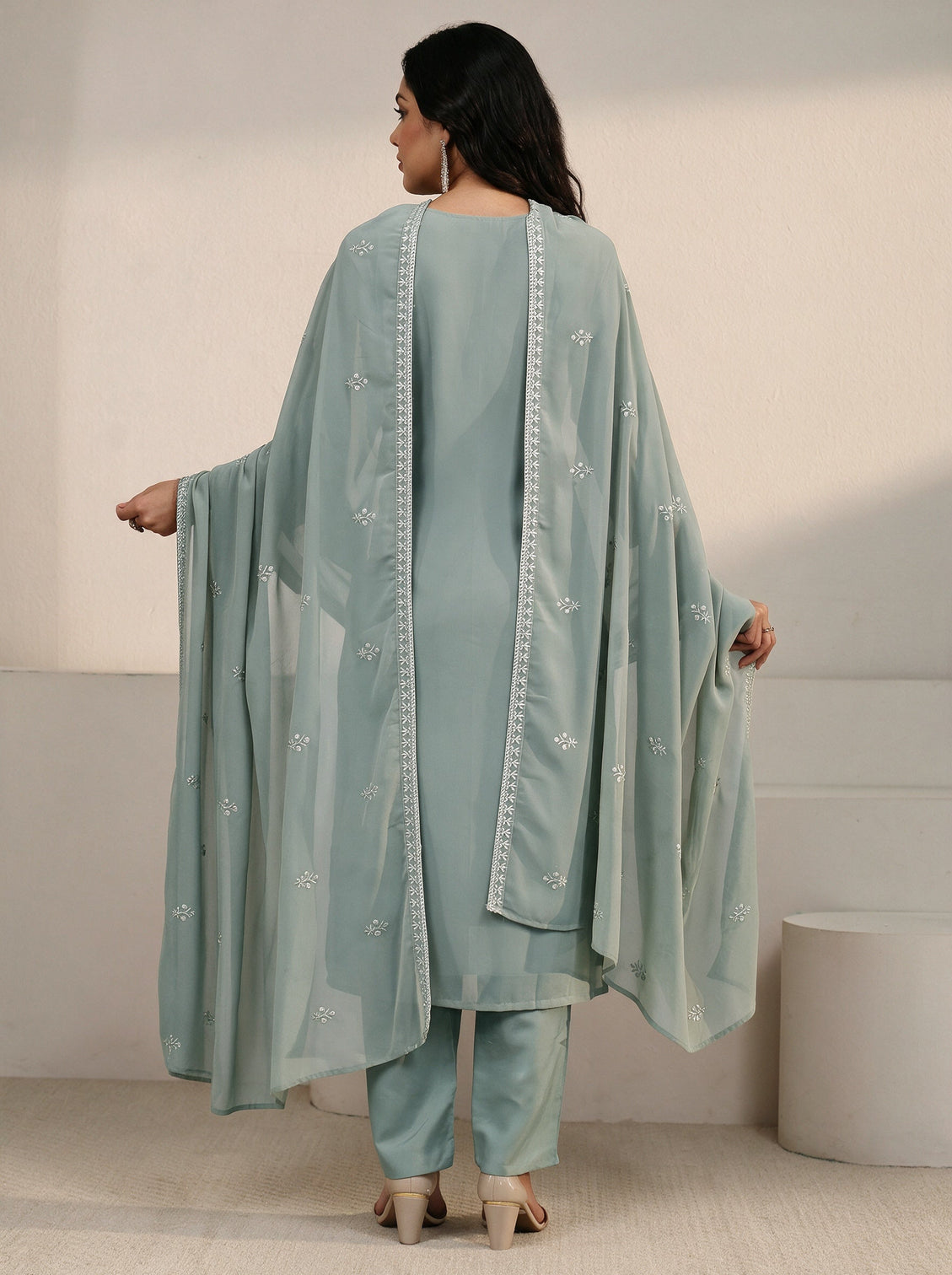 Plus Size Grey Floral Embroidered Georgette Straight Suit Set