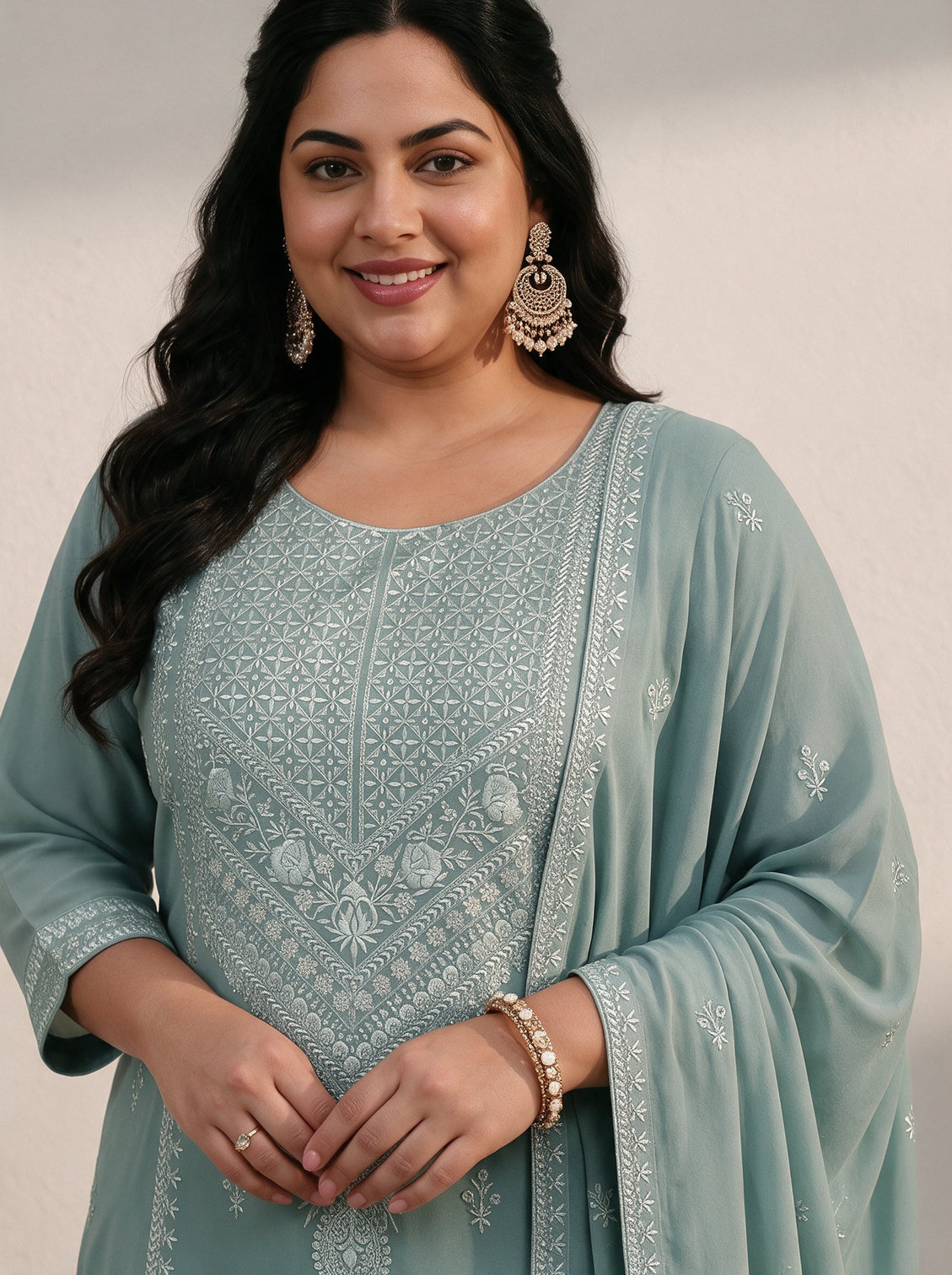 Plus Size Grey Floral Embroidered Georgette Straight Suit Set