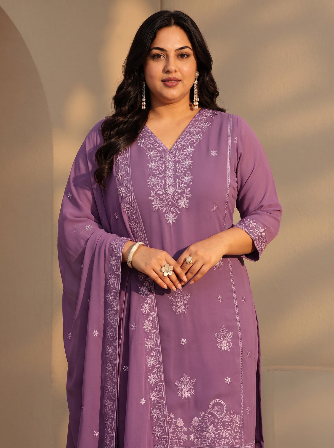 Plus Size Lavender Floral Embroidery Straight Georgette Suit Set