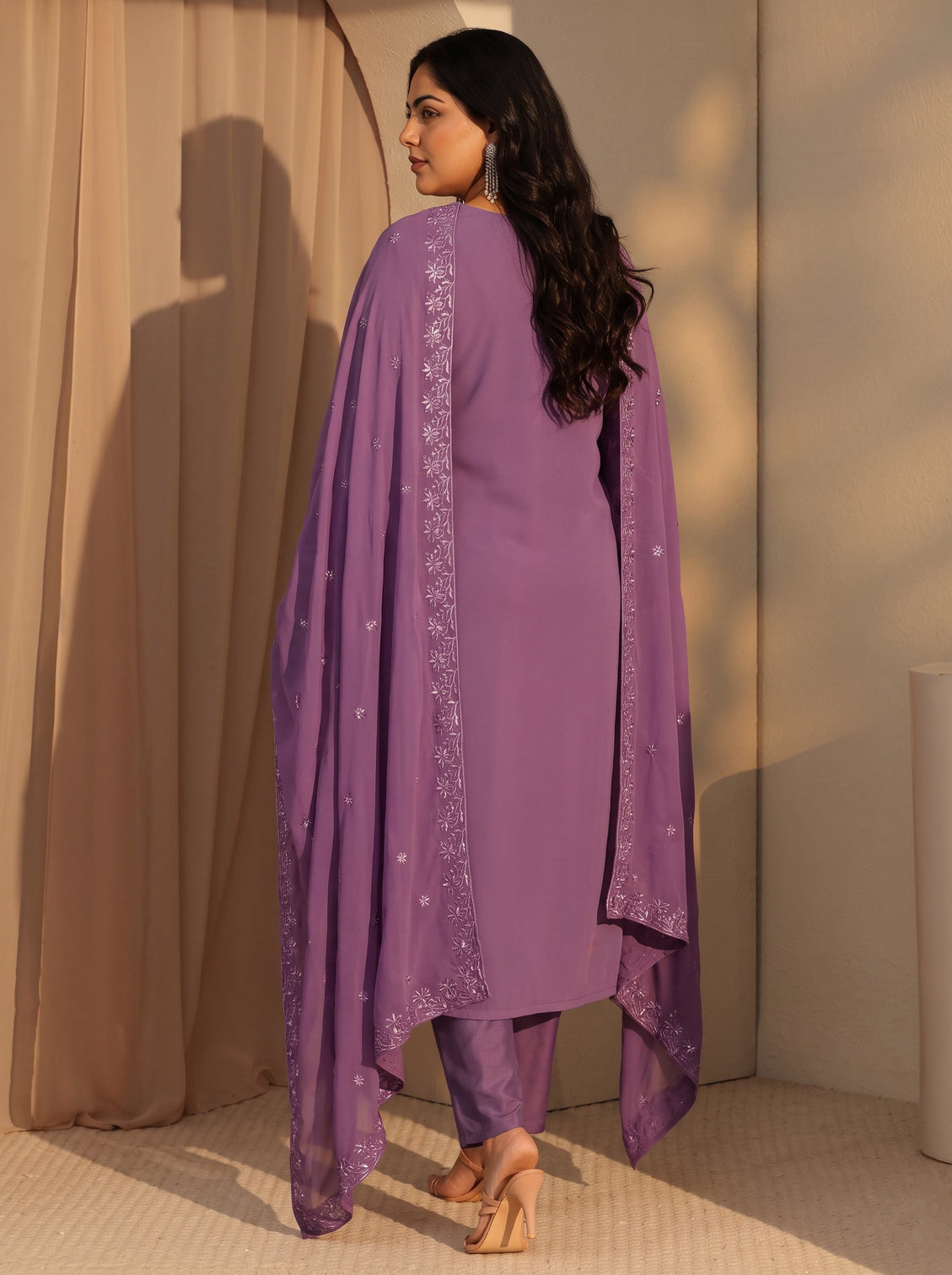 Plus Size Lavender Floral Embroidery Straight Georgette Suit Set