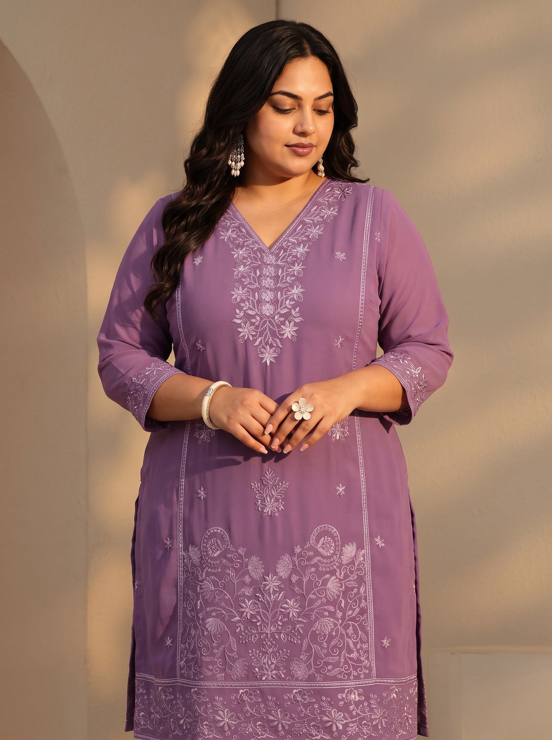 Plus Size Lavender Floral Embroidery Straight Georgette Suit Set
