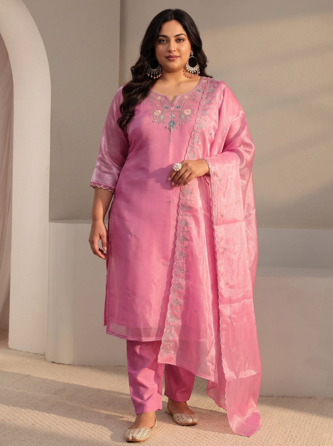 Plus Size Pink Floral Embroidered Tissue Straight Suit Set With Dupatta