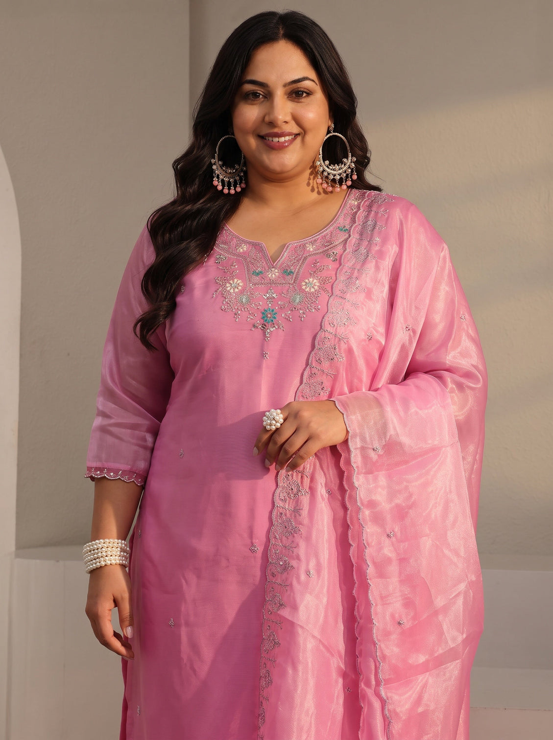 Plus Size Pink Floral Embroidered Tissue Straight Suit Set With Dupatta