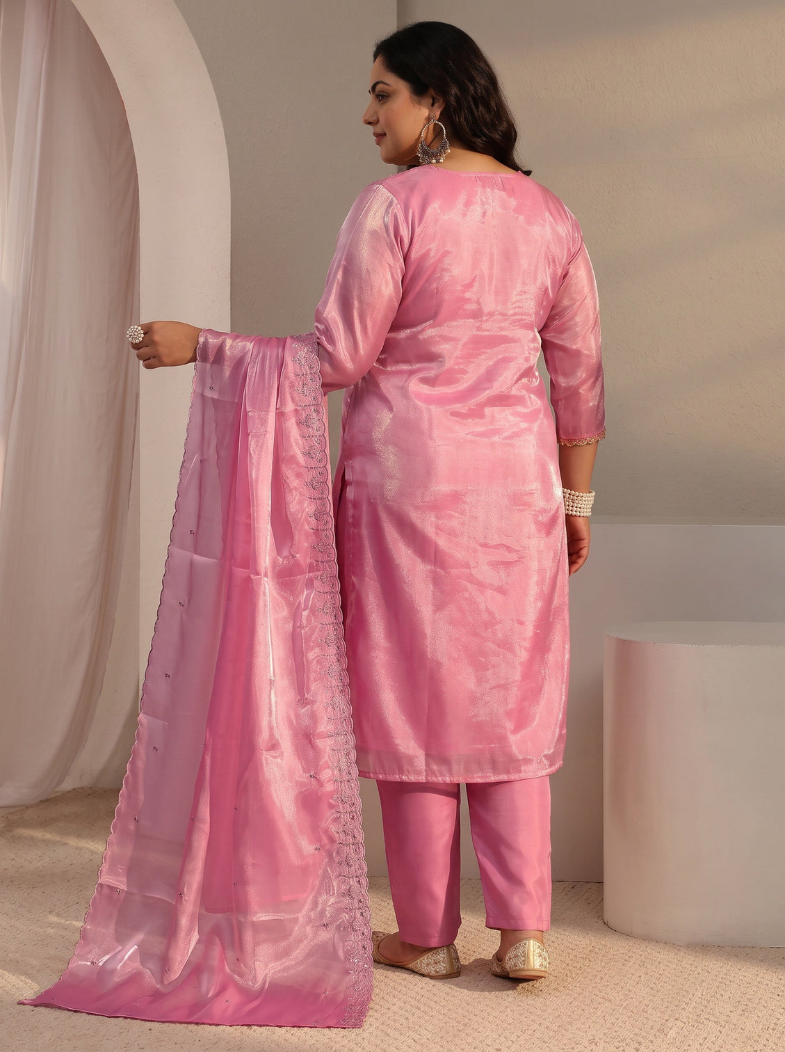 Plus Size Pink Floral Embroidered Tissue Straight Suit Set With Dupatta